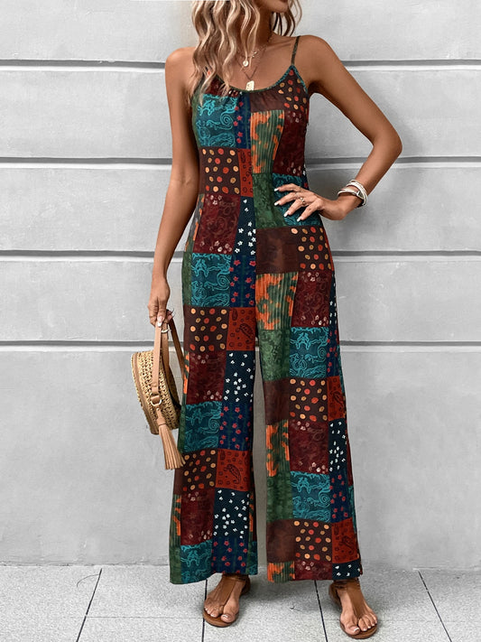 Printed Scoop Neck Spaghetti Strap Jumpsuit-[Adult]-[Female]-Multicolor-S-2022 Online Blue Zone Planet