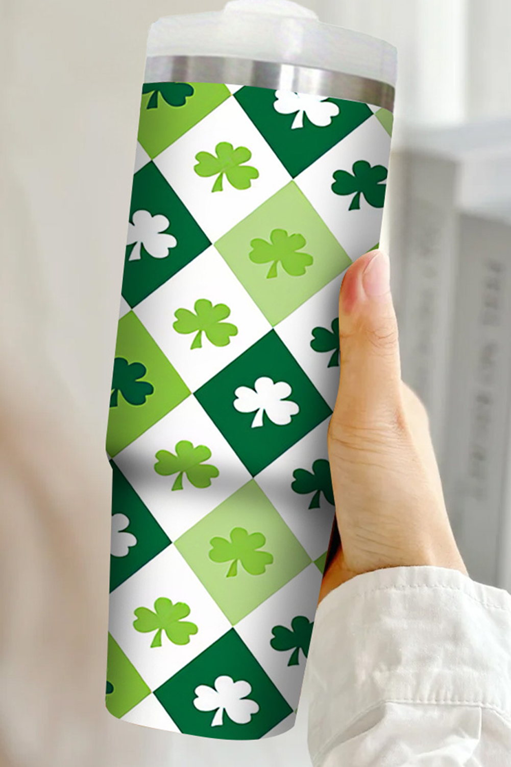 Green St Patricks Day Checkered Clover Tumbler Cup-Cups-[Adult]-[Female]-Green-ONE SIZE-2022 Online Blue Zone Planet