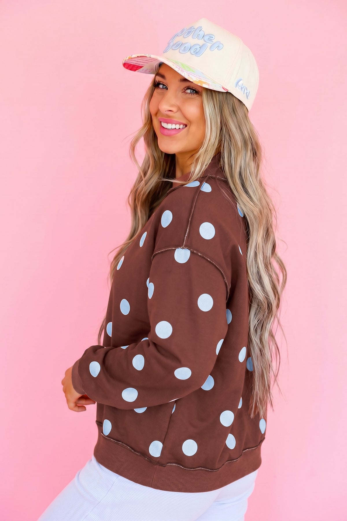 Clay Polka Dot/GOOD DAY Print Reversible Mock Neck Pullover Sweatshirt-Tops/Sweatshirts & Hoodies-[Adult]-[Female]-2022 Online Blue Zone Planet