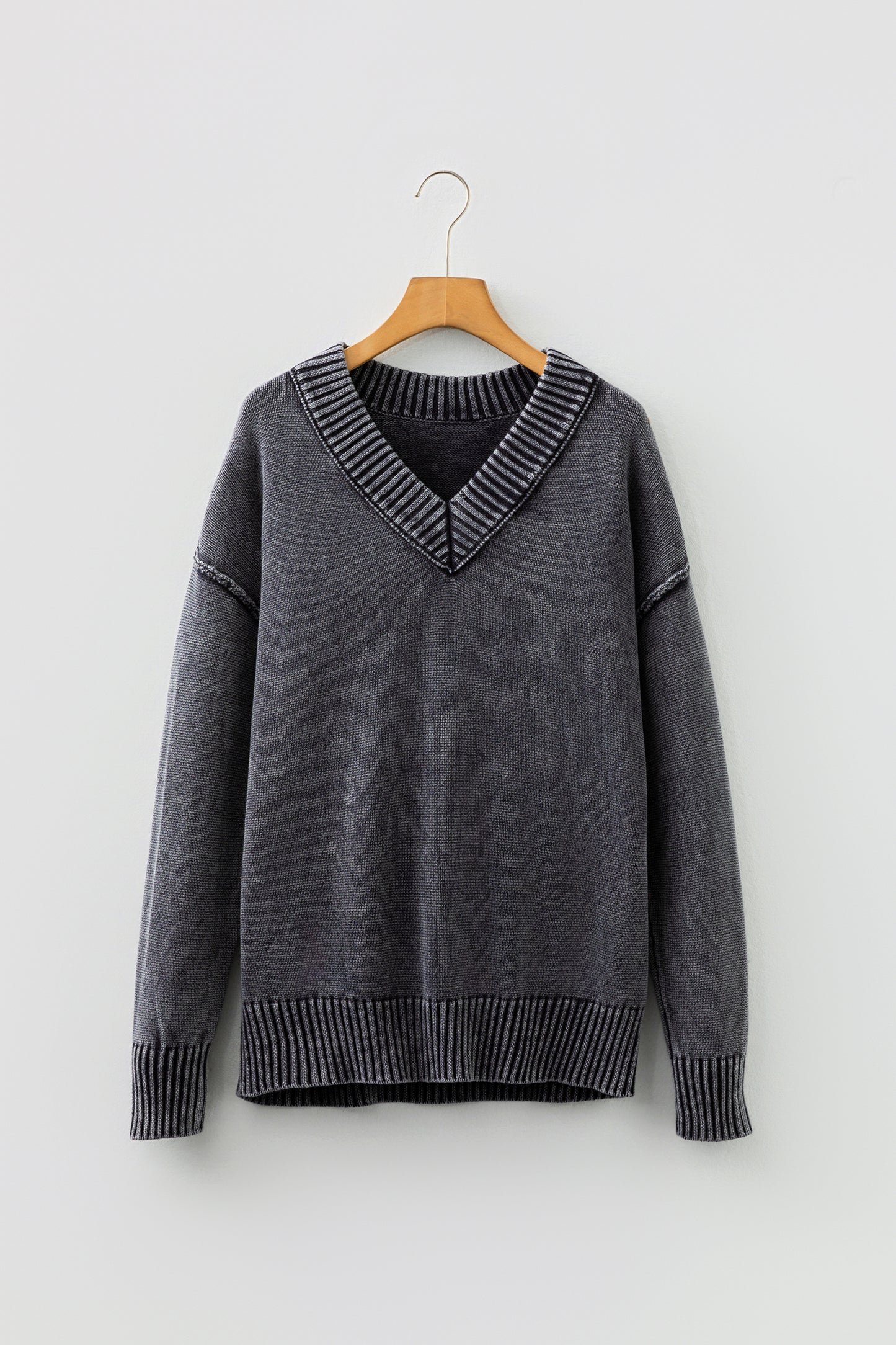 Black Mineral Wash V Neck Knit Exposed Seam Drop Shoulder Loose Sweater-TOPS / DRESSES-[Adult]-[Female]-2022 Online Blue Zone Planet