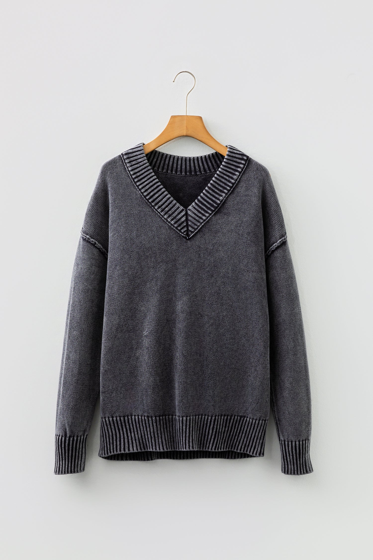 Black Mineral Wash V Neck Knit Exposed Seam Drop Shoulder Loose Sweater-TOPS / DRESSES-[Adult]-[Female]-2022 Online Blue Zone Planet
