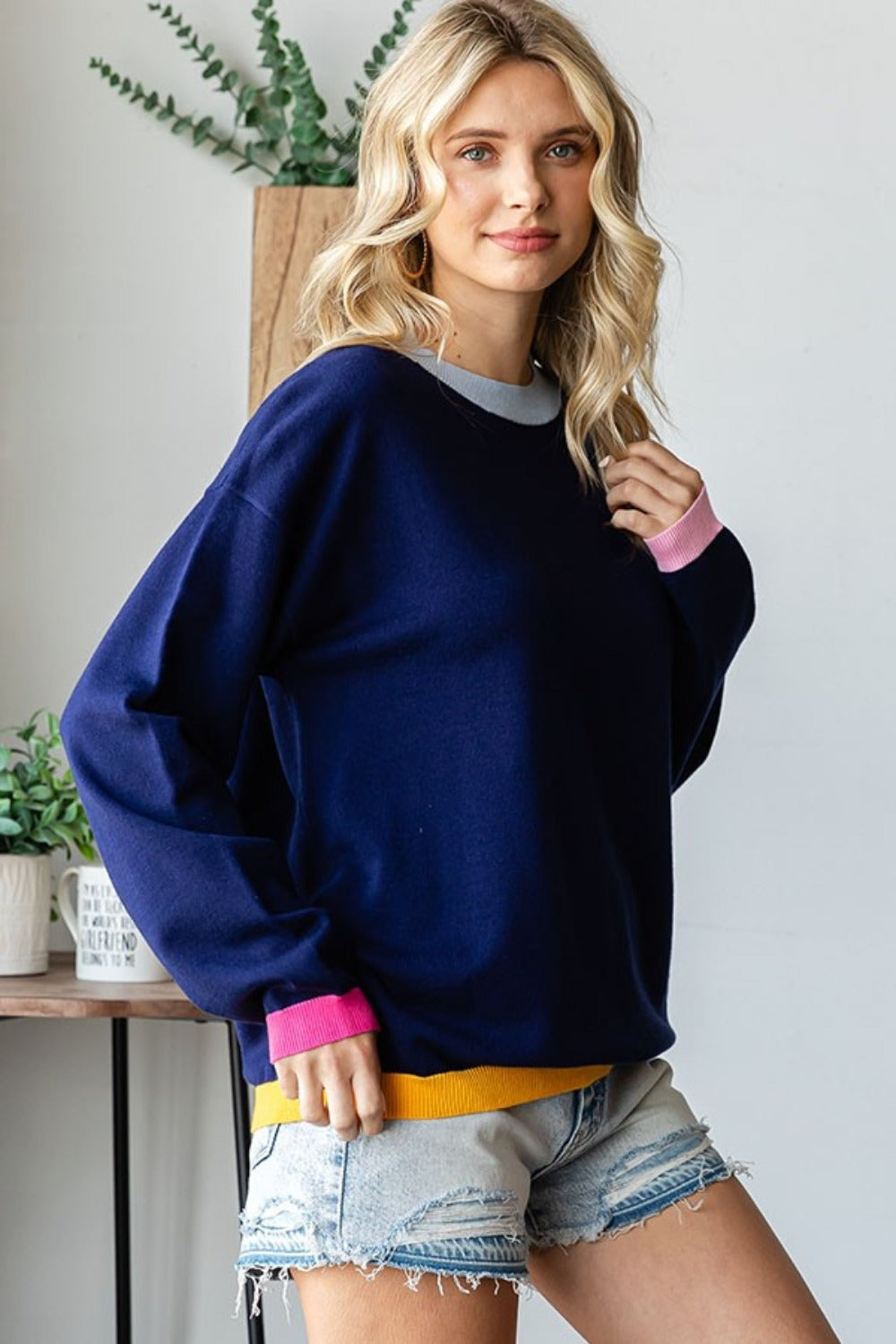 First Love Contrast Ribbed Round Neck Long Sleeve Sweater-TOPS / DRESSES-[Adult]-[Female]-2022 Online Blue Zone Planet