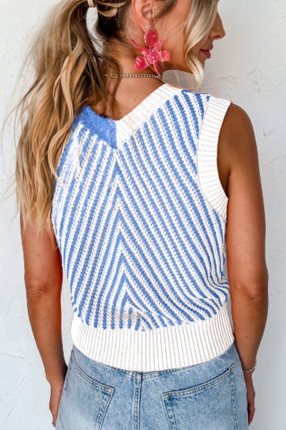 Striped Contrast V-Neck Sweater Vest-TOPS / DRESSES-[Adult]-[Female]-2022 Online Blue Zone Planet