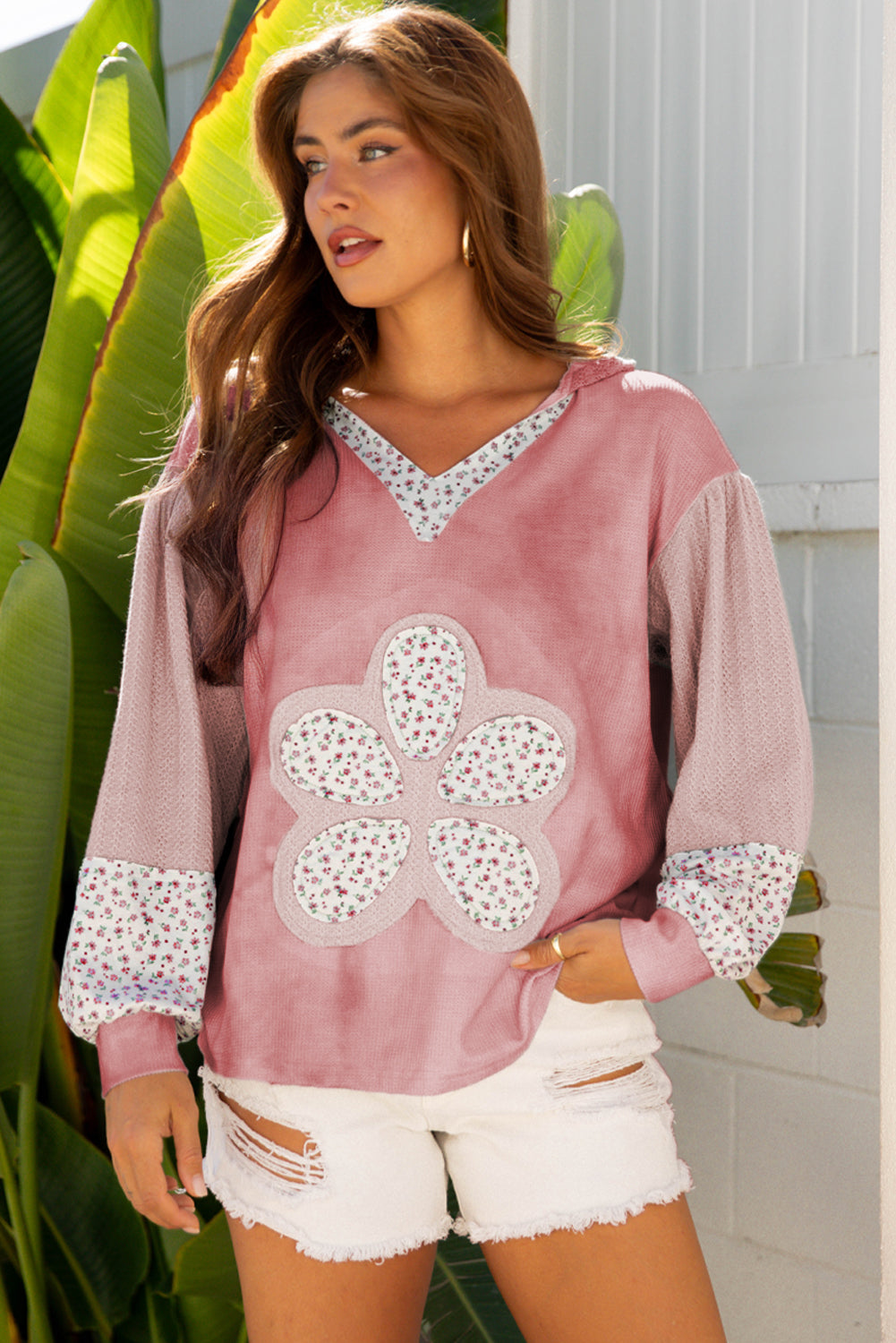 Pink Floral Patched Waffle Textured Colorblock V Neck Casual Hooded Top-Tops / Dresses-[Adult]-[Female]-2022 Online Blue Zone Planet