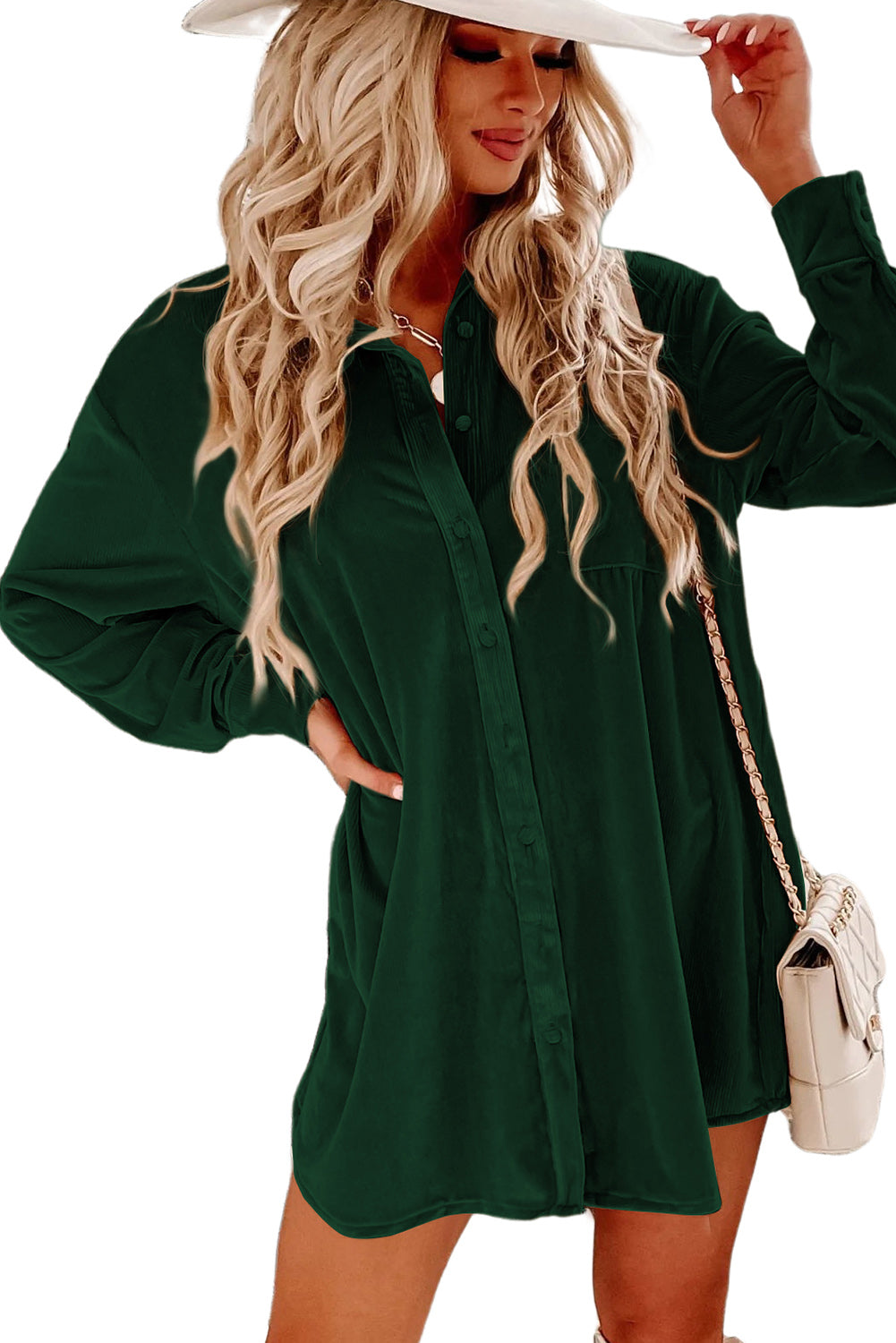 Blue Zone Planet | Blackish Green Velvet Button Front Shirt Mini Dress-TOPS / DRESSES-[Adult]-[Female]-2022 Online Blue Zone Planet