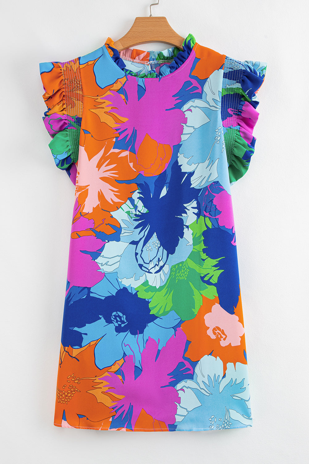 Blue Bold Floral Flutter Sleeve Shift Mini Dress with Pockets-TOPS / DRESSES-[Adult]-[Female]-2022 Online Blue Zone Planet