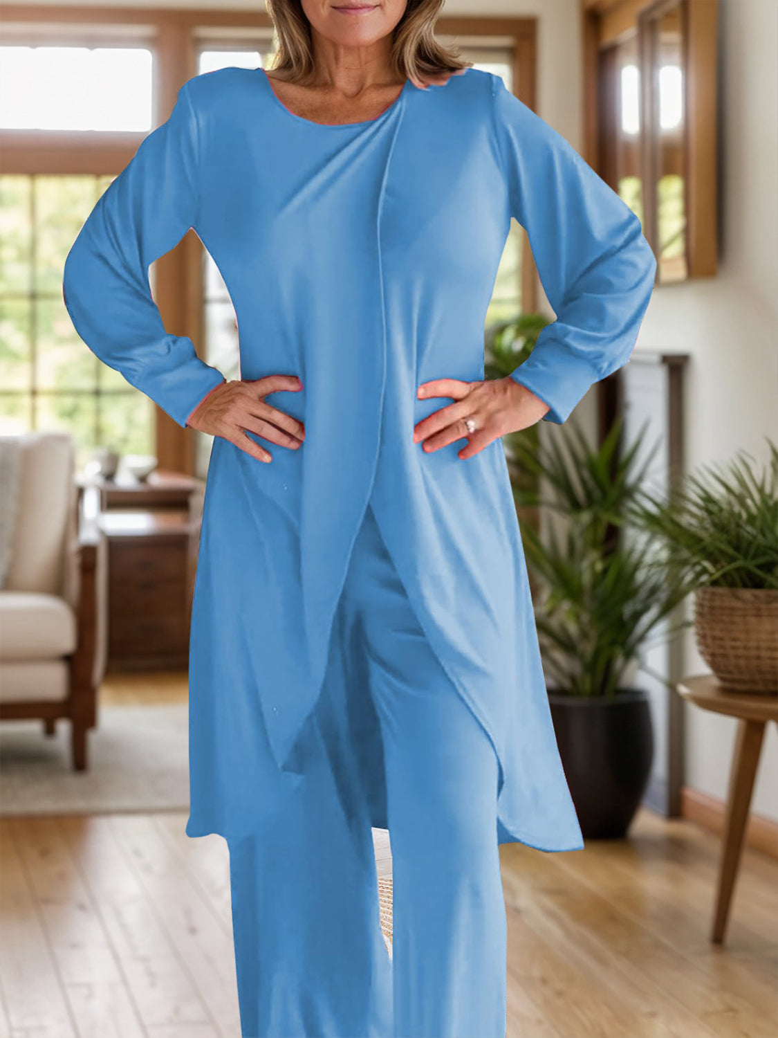 Blue Zone Planet | Full Size Slit Round Neck Long Sleeve Top and Pants Set-TOPS / DRESSES-[Adult]-[Female]-2022 Online Blue Zone Planet