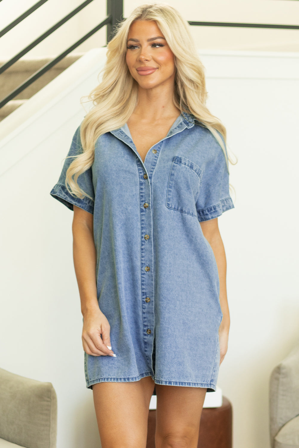 Dusk Blue Short Sleeve Pocketed Button up Denim Tunic Dress-Dresses/Mini Dresses-[Adult]-[Female]-2022 Online Blue Zone Planet