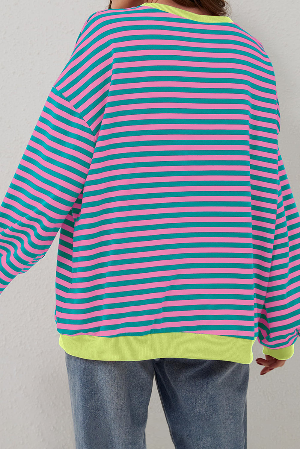 Sky Blue Stripe Oversized Contrast Trim Pullover Sweatshirt-Tops/Sweatshirts & Hoodies-[Adult]-[Female]-2022 Online Blue Zone Planet