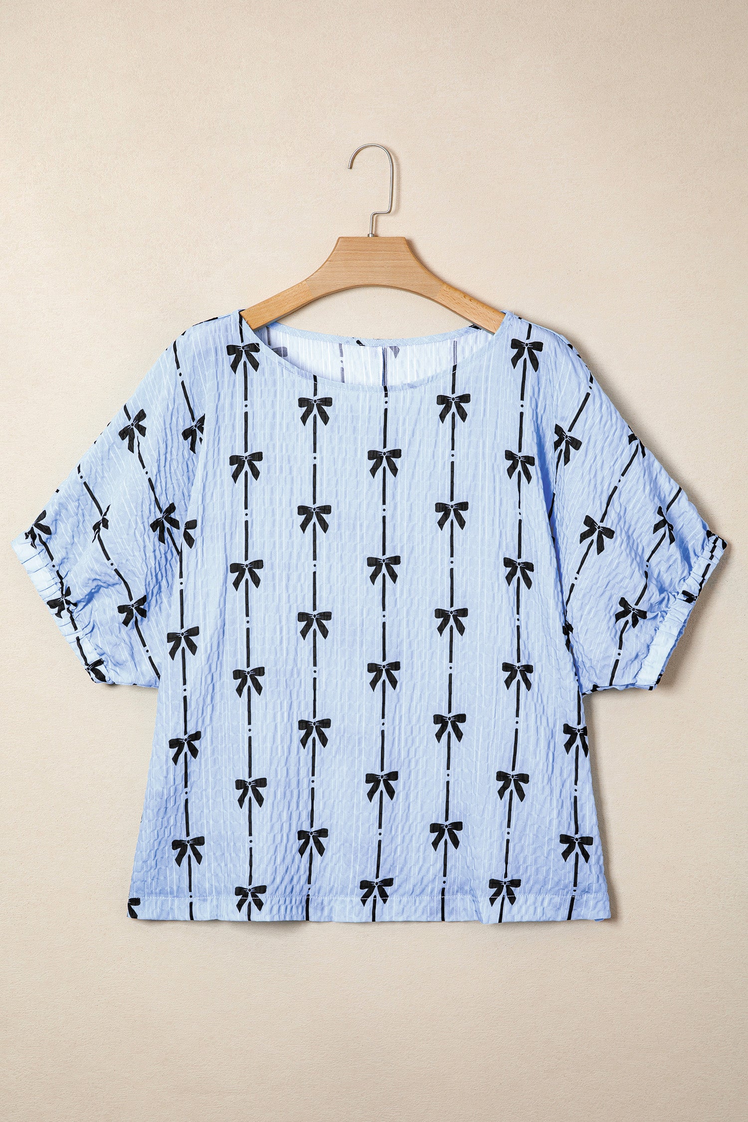 Beau Blue Bow Print Puff Short Sleeve Top-Tops/Tops & Tees-[Adult]-[Female]-2022 Online Blue Zone Planet
