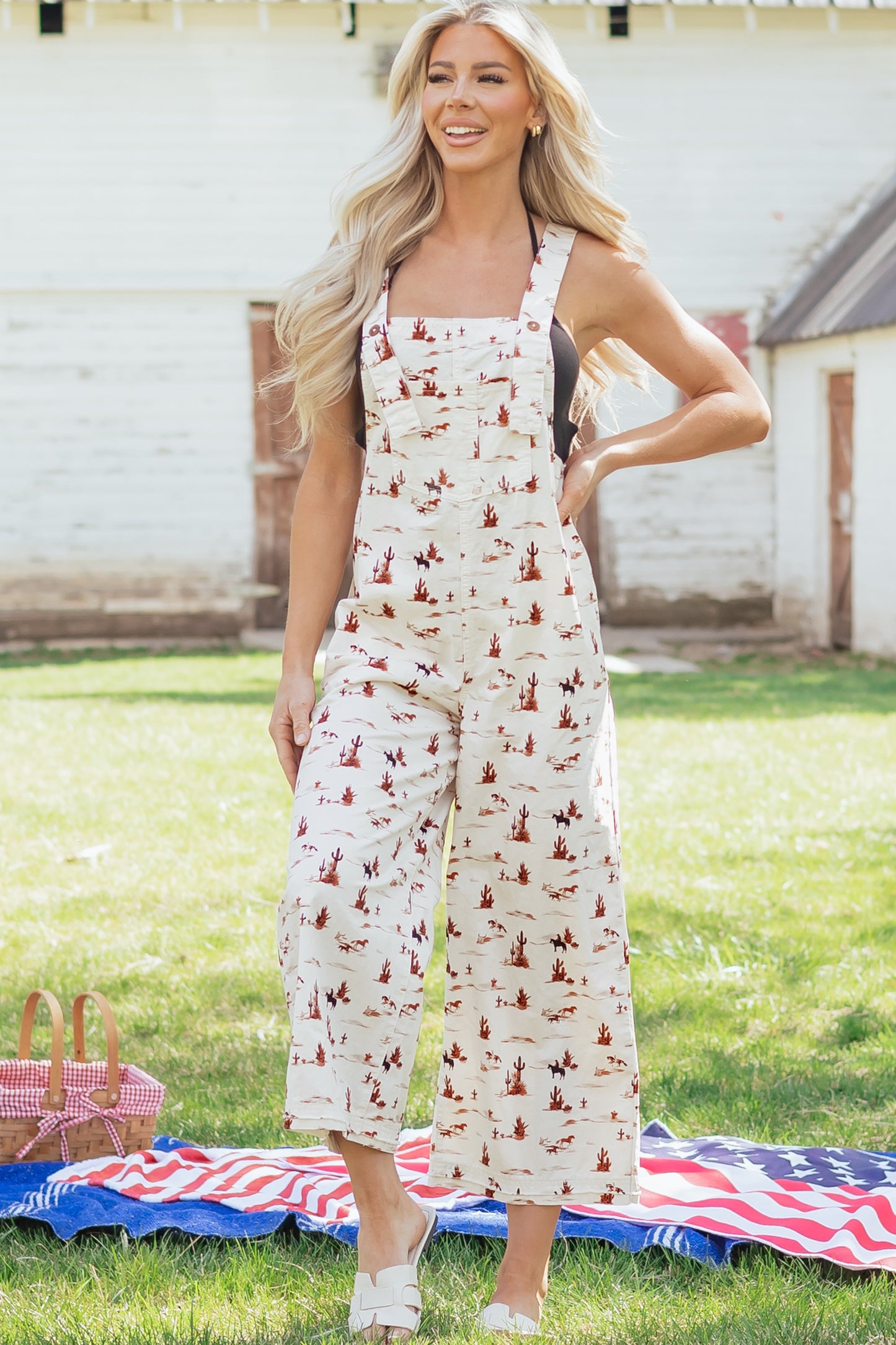 Beige Western Printed Button Adjustable Straps Loose Jumpsuit Dungarees-Bottoms/Jumpsuits & Rompers-[Adult]-[Female]-2022 Online Blue Zone Planet