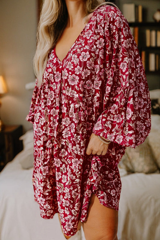 Purple Plus Floral Balloon Sleeve V Neck Relaxed Dress-Plus Size/Plus Size Dresses/Plus Size Mini Dresses-[Adult]-[Female]-2022 Online Blue Zone Planet