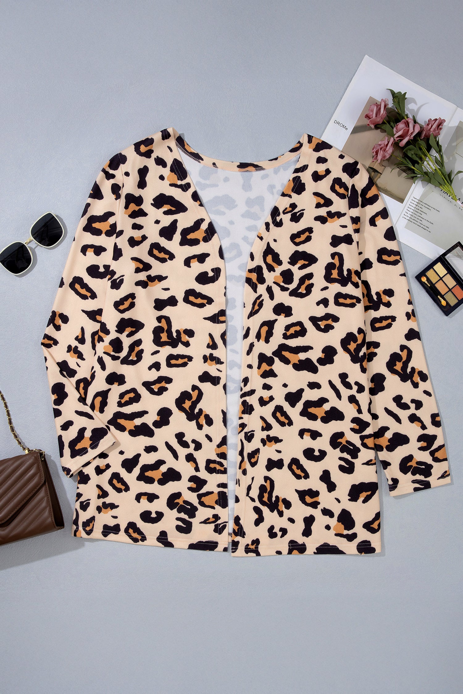 Khaki Leopard Print Long Sleeve V Neck Tunic Plus Size Cardigan-Plus Size/Plus Size Outerwear-[Adult]-[Female]-2022 Online Blue Zone Planet