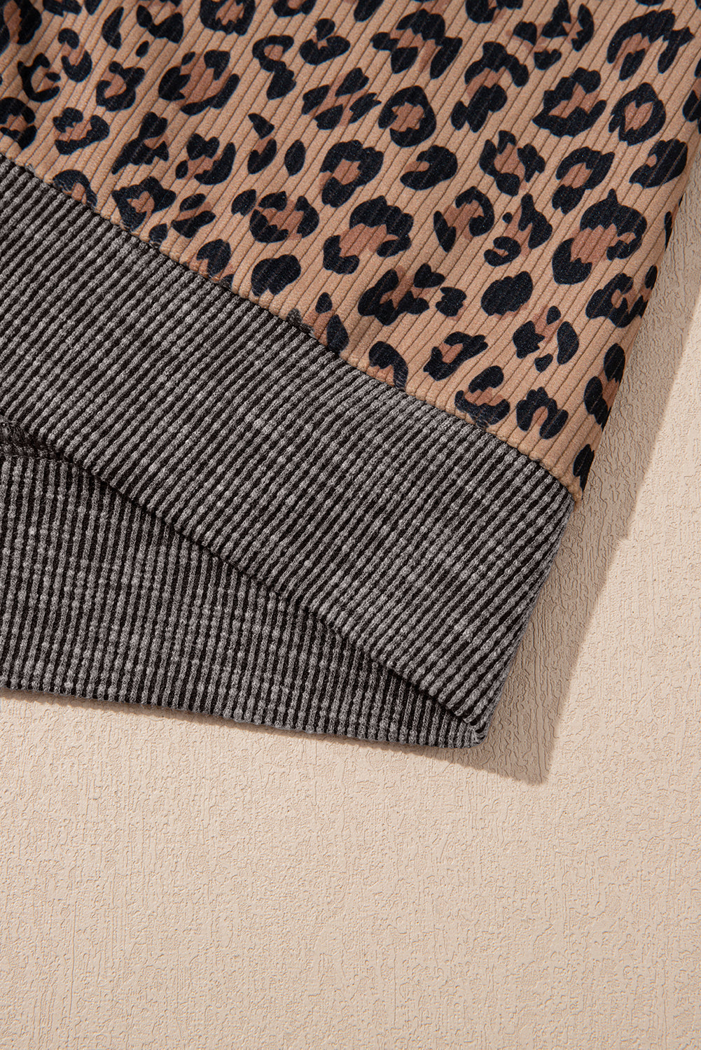 Khaki Ribbed Leopard Print Contrast Collar Zip Hooded Pullover Sweatshirt-Tops / Dresses-[Adult]-[Female]-2022 Online Blue Zone Planet