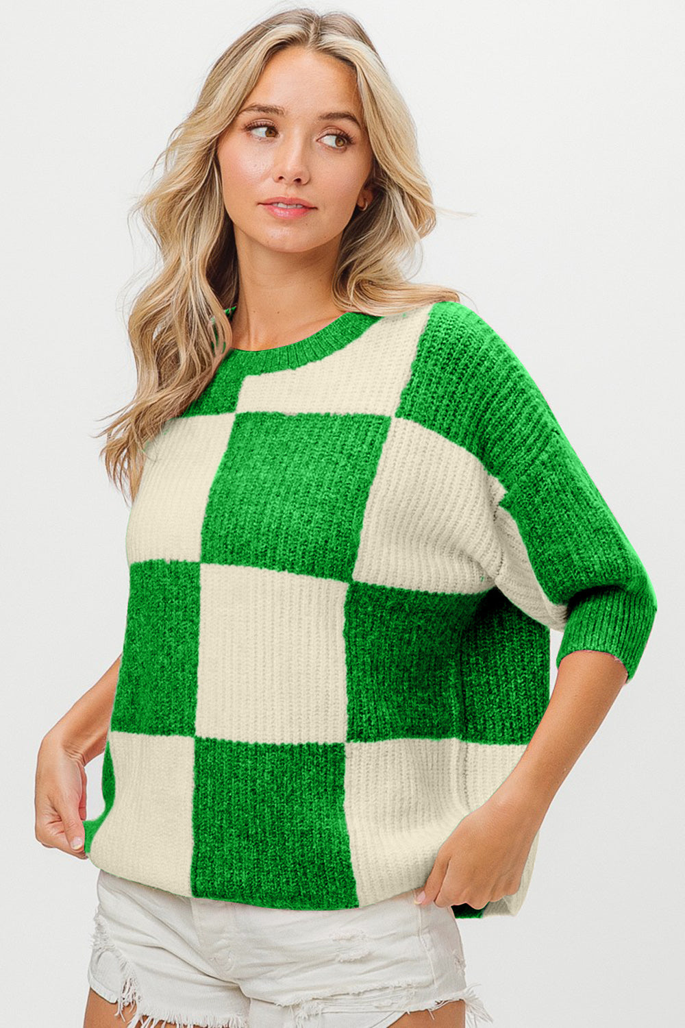 BiBi Checkered Contrast Round Neck Sweater-TOPS / DRESSES-[Adult]-[Female]-2022 Online Blue Zone Planet