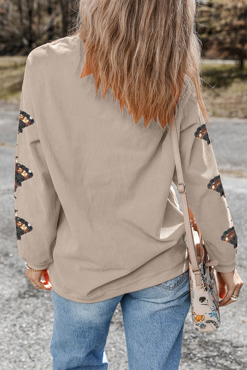 Smoke Gray Corded Ribbed Thanksgiving Turkey Sequin Patched Sleeve gobble Baggy Sweatshirt-Graphic/Graphic Sweatshirts-[Adult]-[Female]-2022 Online Blue Zone Planet
