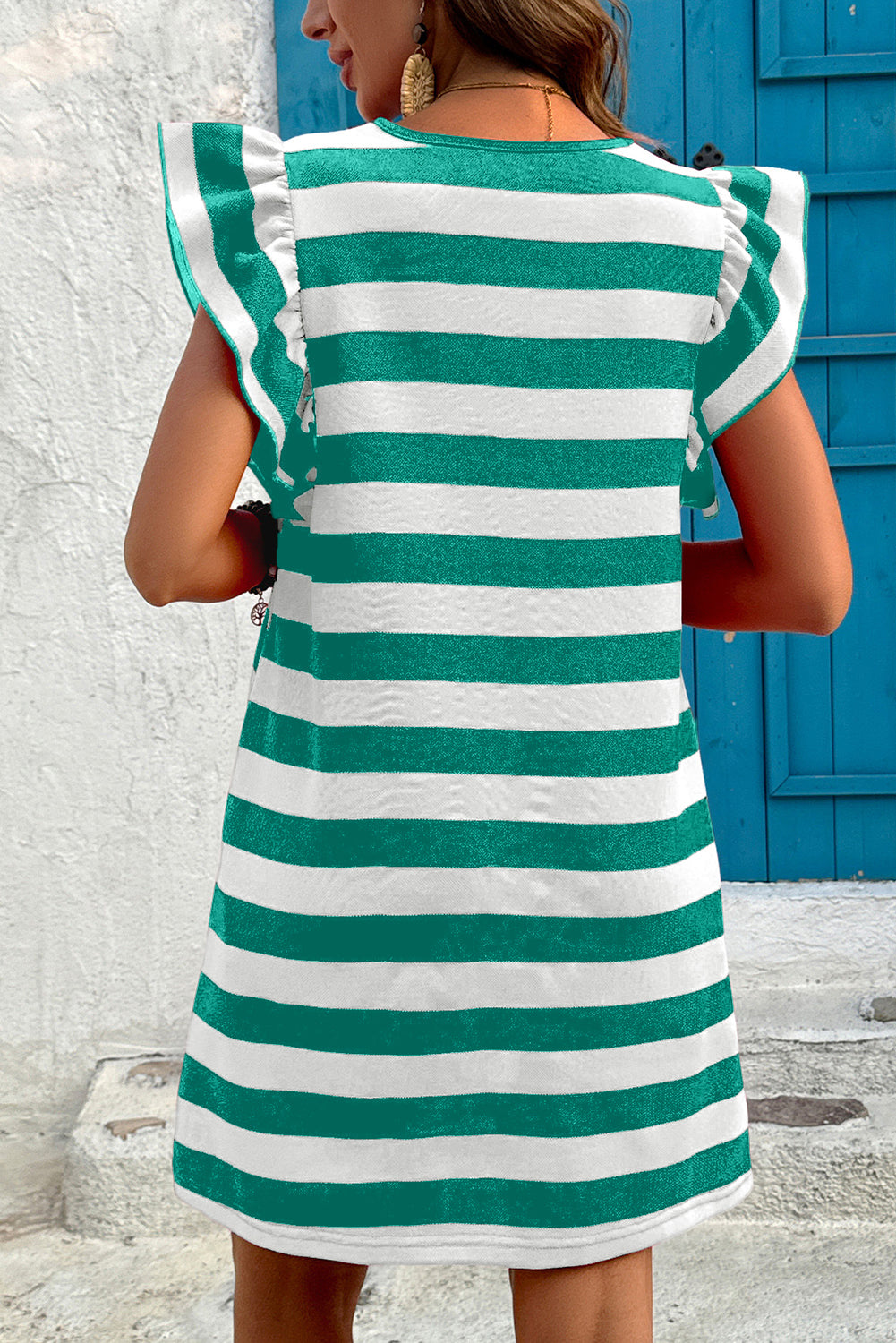 Green Stripe Flutter Sleeve Round Neck Shift Dress-Dresses/Mini Dresses-[Adult]-[Female]-2022 Online Blue Zone Planet