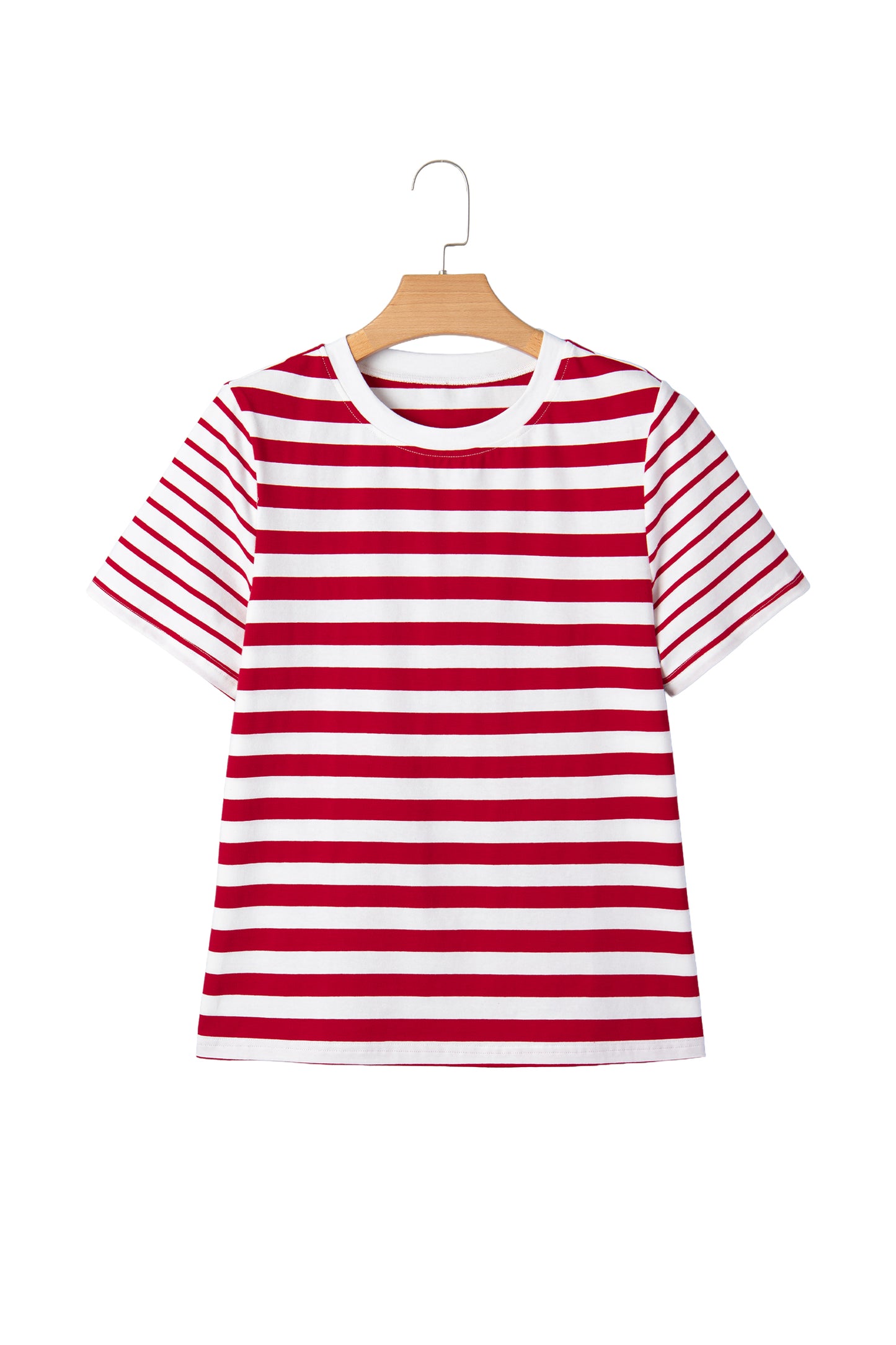 Red Stripe Patchwork Round Neck T Shirt-Tops/Tops & Tees-[Adult]-[Female]-2022 Online Blue Zone Planet