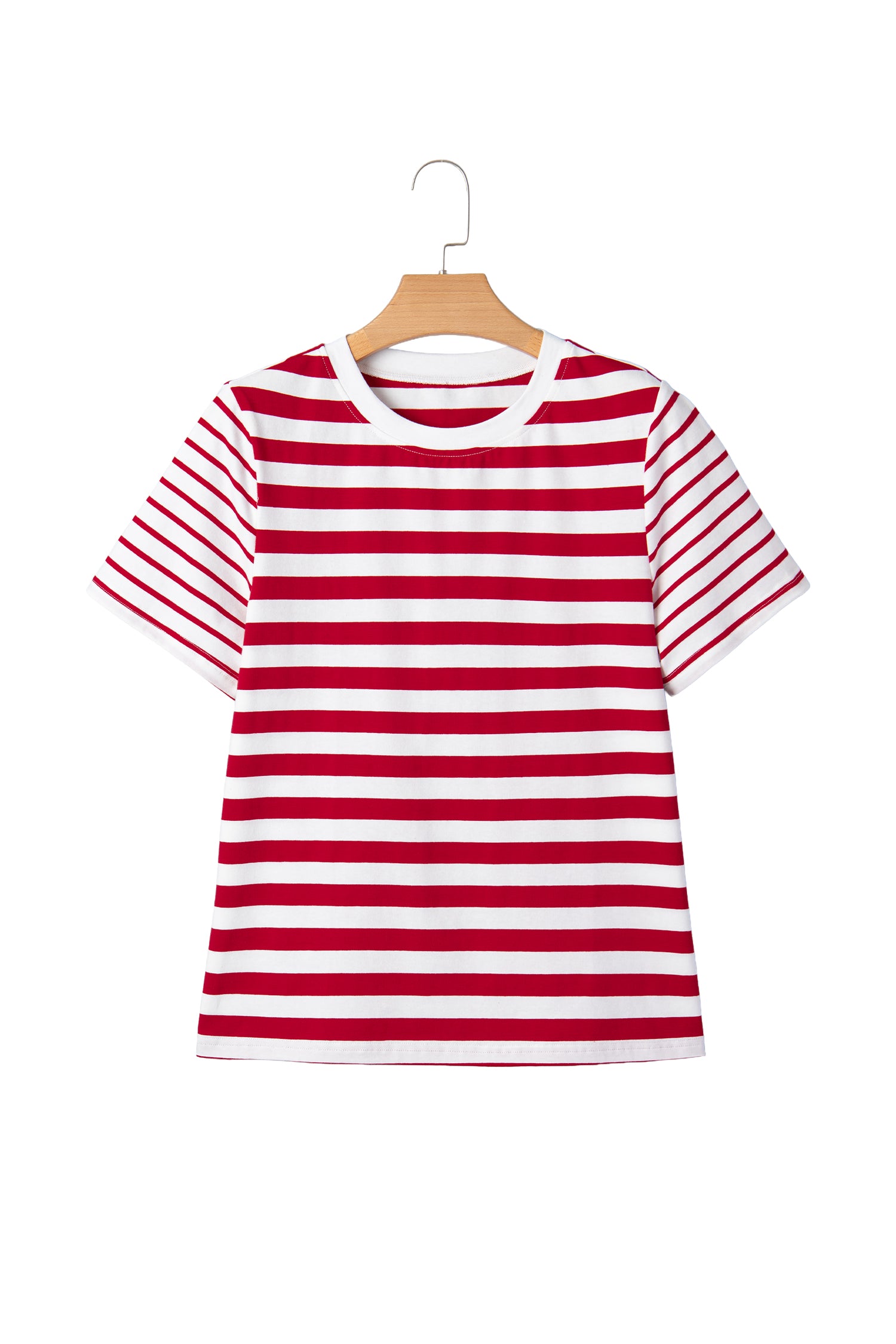 Red Stripe Patchwork Round Neck T Shirt-Tops/Tops & Tees-[Adult]-[Female]-2022 Online Blue Zone Planet