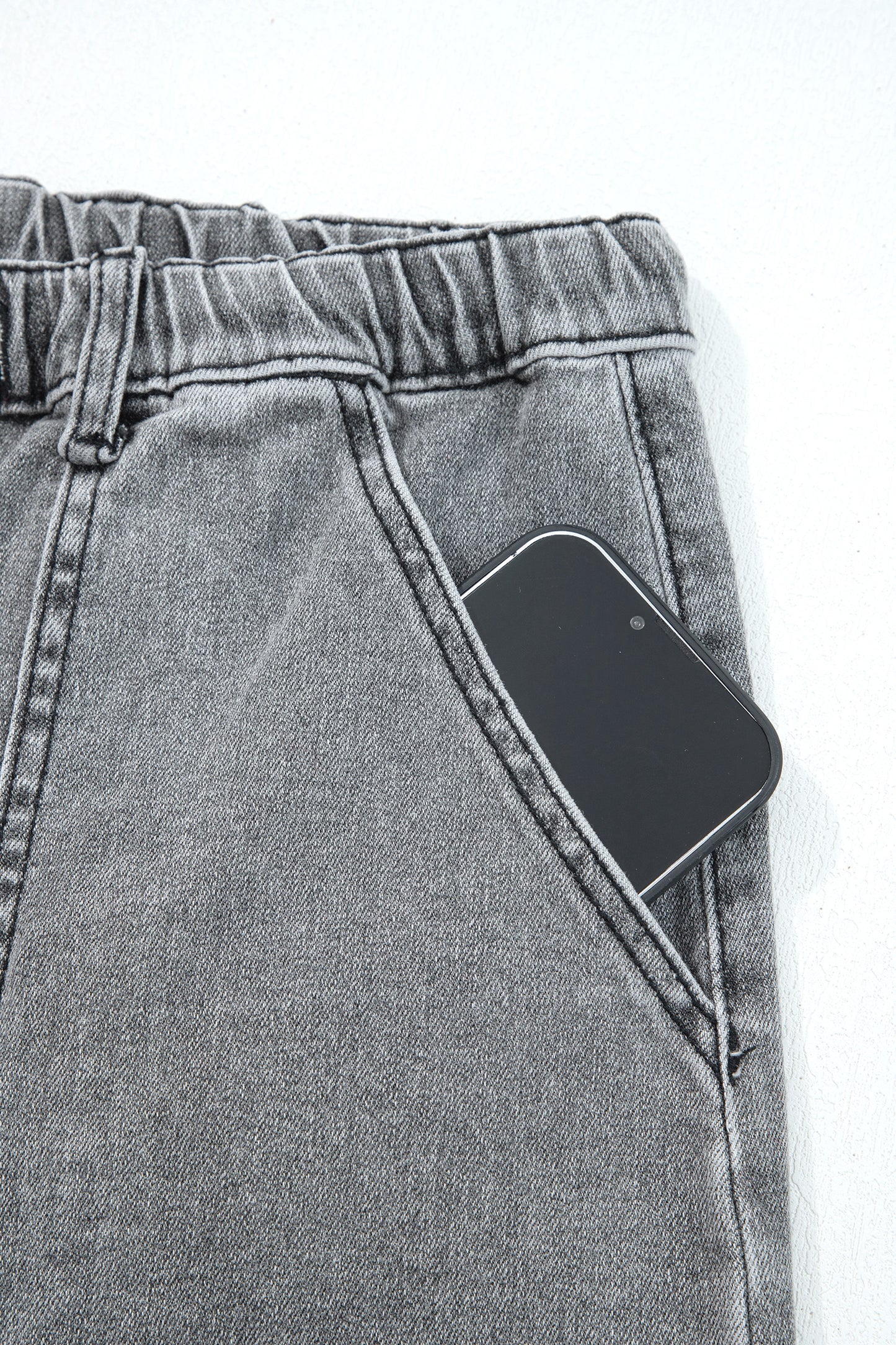 Gray Drawstring Seam Detail Raw Hem Wide Leg Denim Pants-Bottoms/Jeans-[Adult]-[Female]-2022 Online Blue Zone Planet