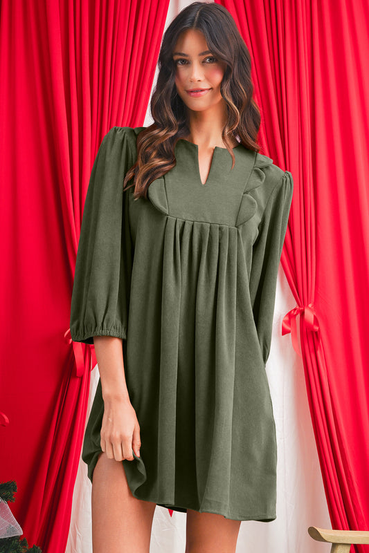 Moss Green Split Neck Scallop Detail Pleated Corduroy Mini Dress