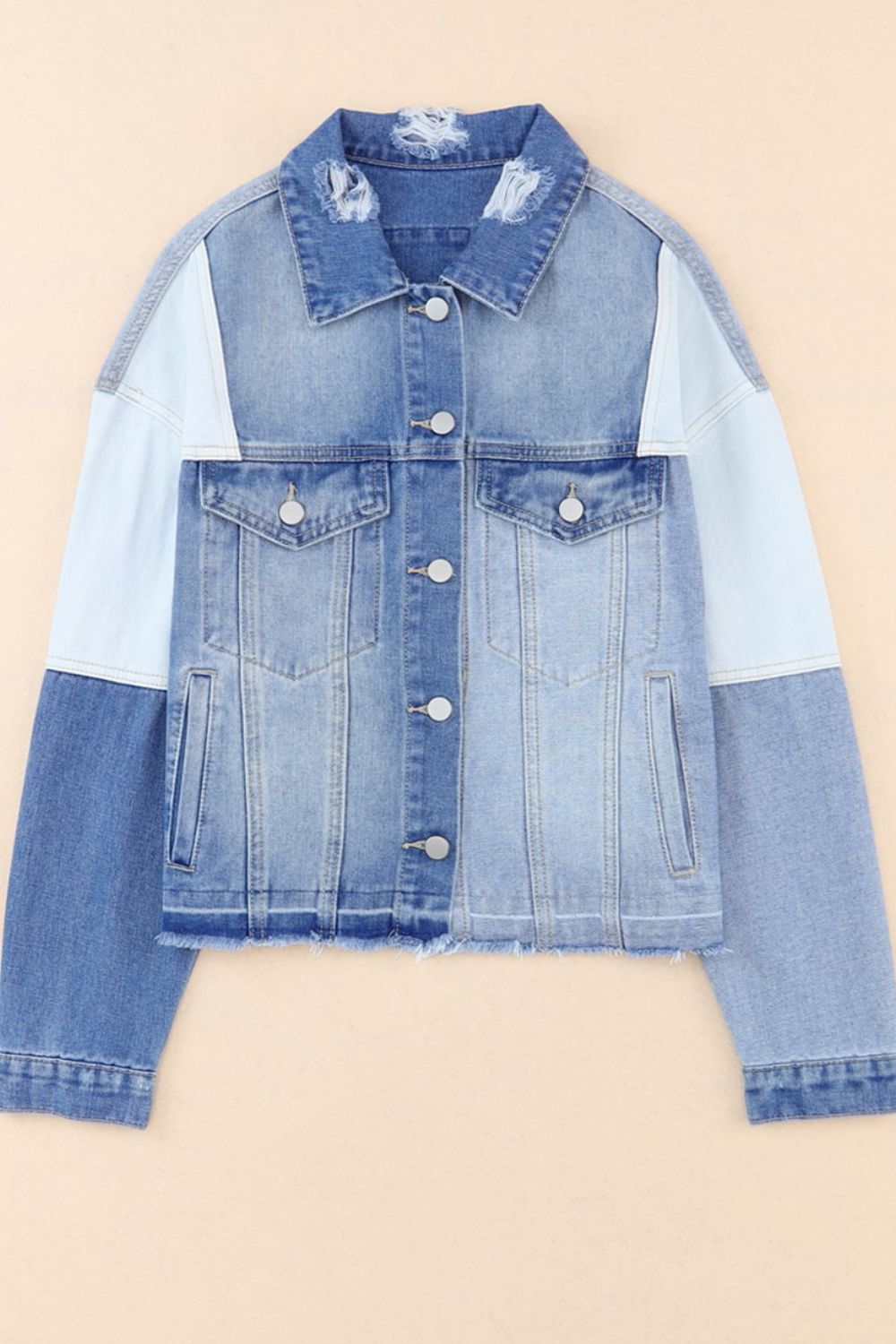 Distressed Button Up Drop Shoulder Denim Jacket-TOPS / DRESSES-[Adult]-[Female]-2022 Online Blue Zone Planet