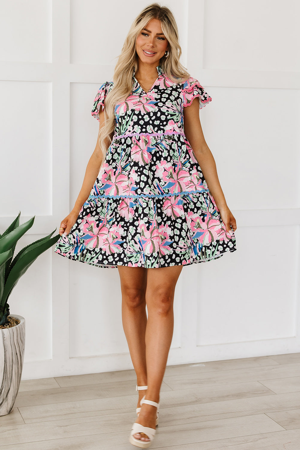 Blue Zone Planet |  Pink Floral Ricrac Embellished Tiered Mini Dress Blue Zone Planet