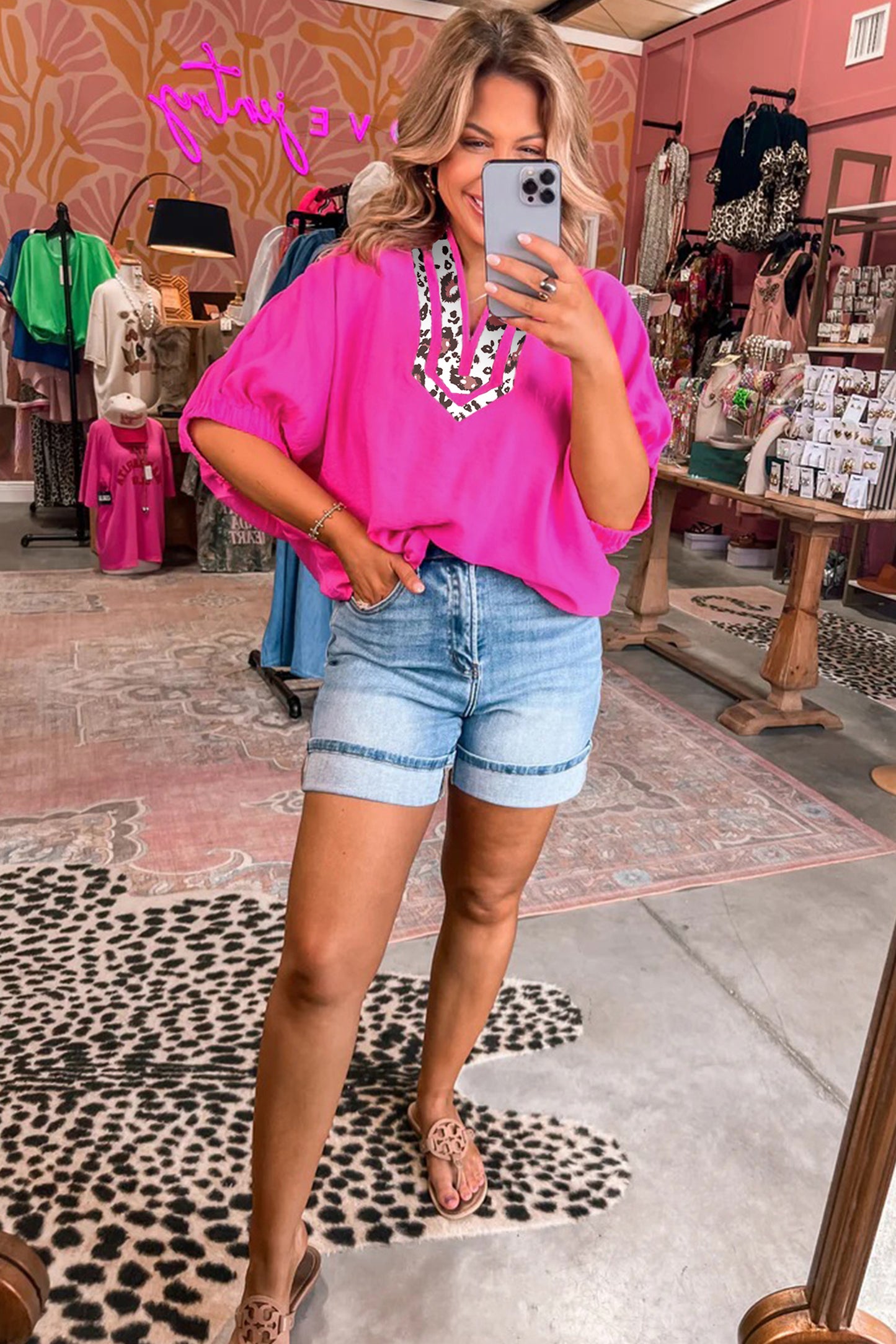 Rose Red Dolman Half Sleeve Leopard Patchwork Trim V Neck Blouse-Tops/Blouses & Shirts-[Adult]-[Female]-2022 Online Blue Zone Planet