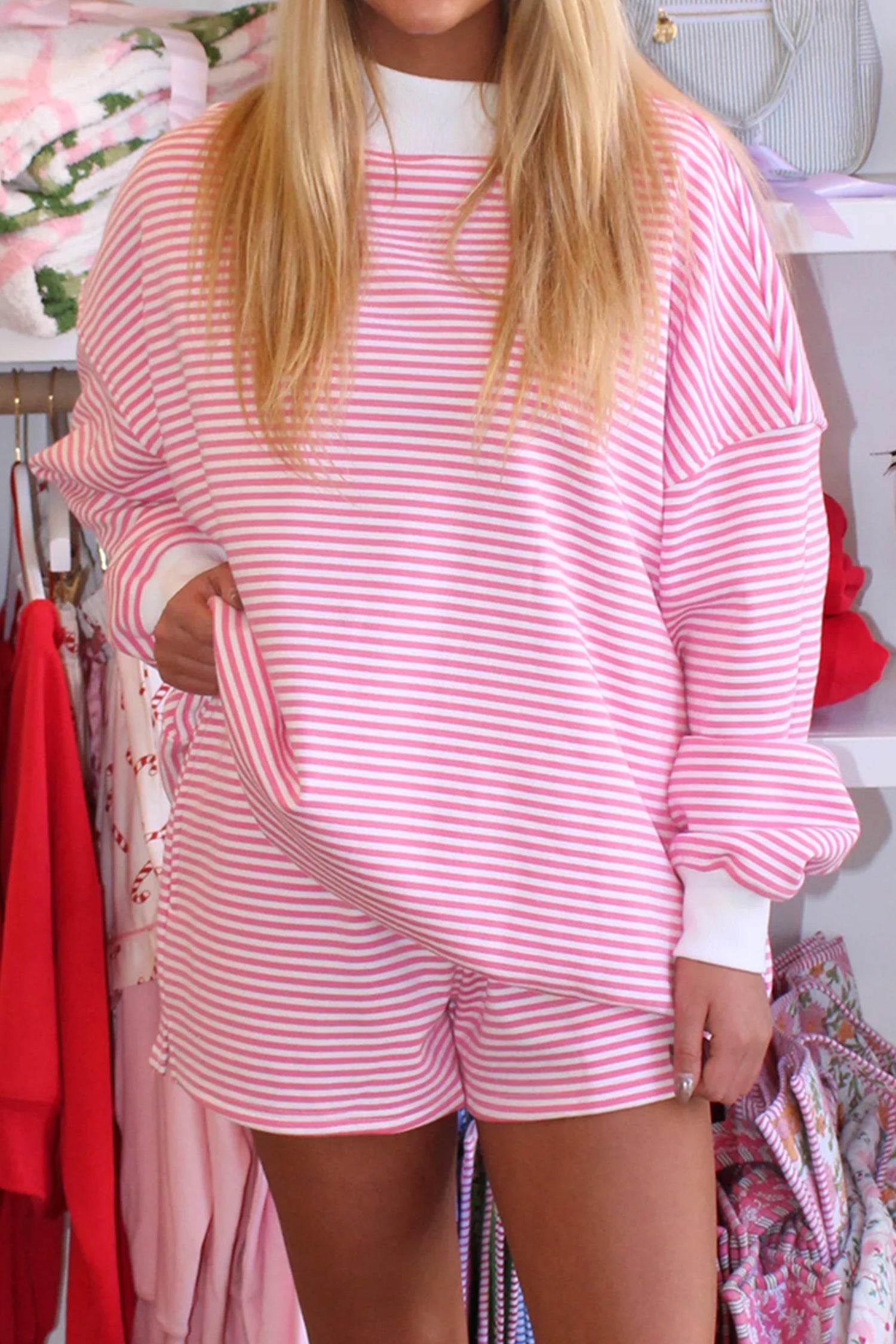 Pink Stripe Oversize Mock Neck Sweatshirt and Shorts Set-Pre Order Two Piece Sets-[Adult]-[Female]-2022 Online Blue Zone Planet