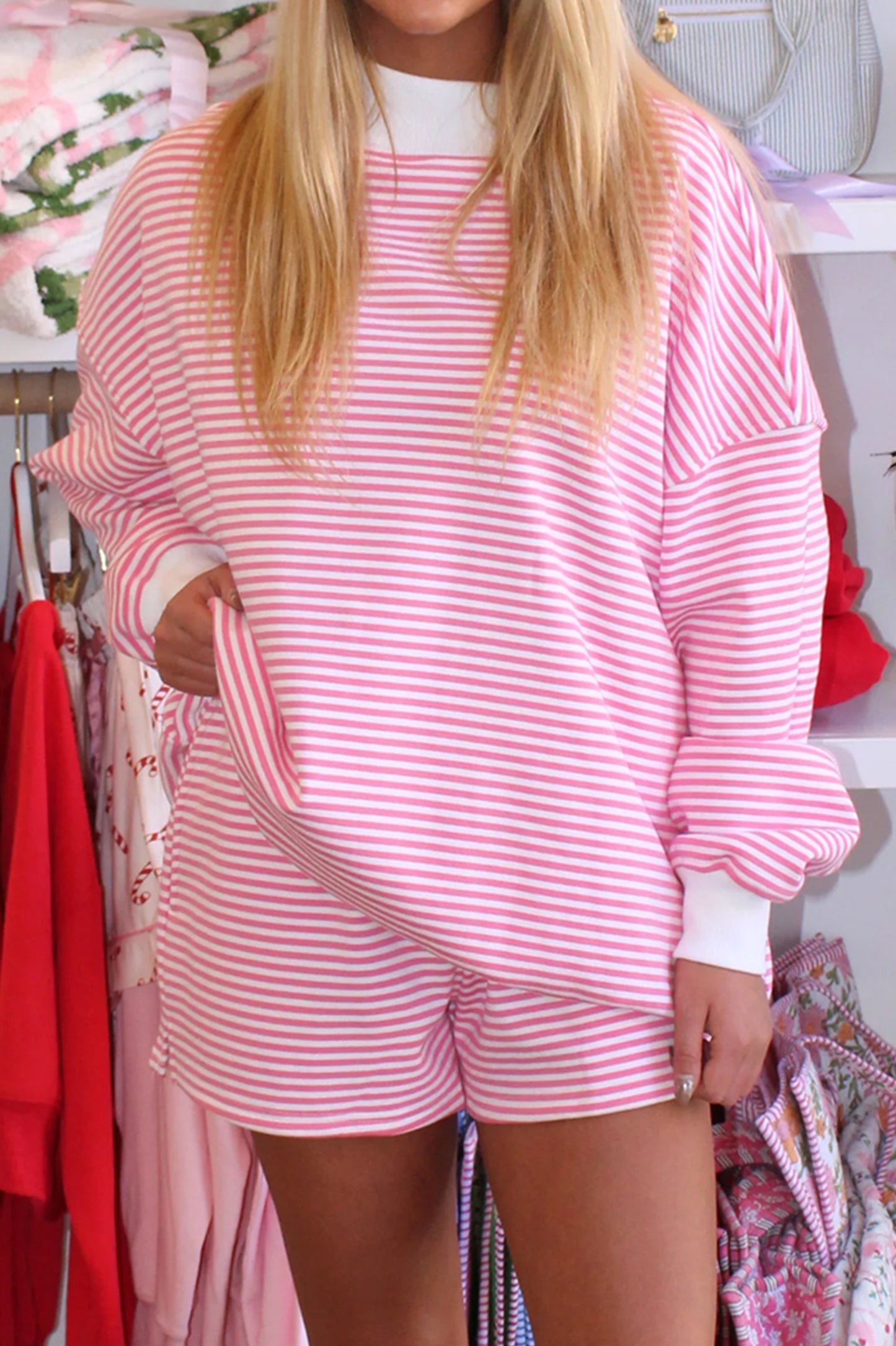 Pink Stripe Oversize Mock Neck Sweatshirt and Shorts Set-Two Piece Sets/Short Sets-[Adult]-[Female]-2022 Online Blue Zone Planet