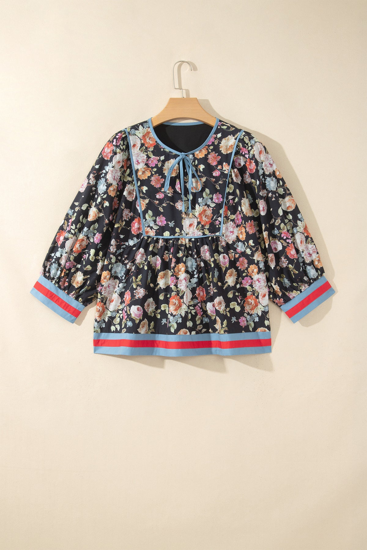 Black Floral Print Contrast Trim Tie V Neck Bracelet Sleeve Blouse-Bracelet-[Adult]-[Female]-2022 Online Blue Zone Planet