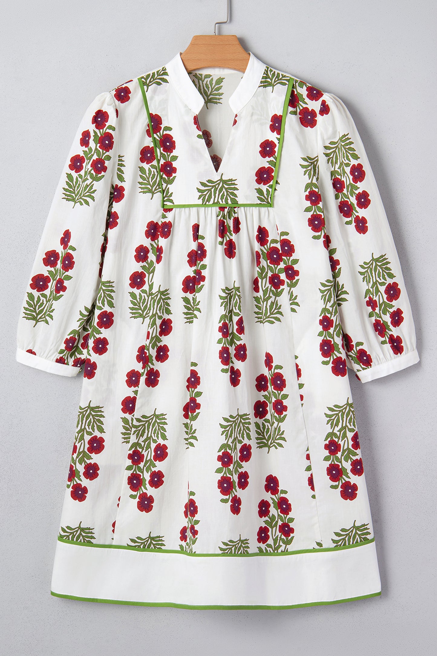 White Frilled V Neck 3/4 Sleeve Loose Floral Dress-TOPS / DRESSES-[Adult]-[Female]-2022 Online Blue Zone Planet
