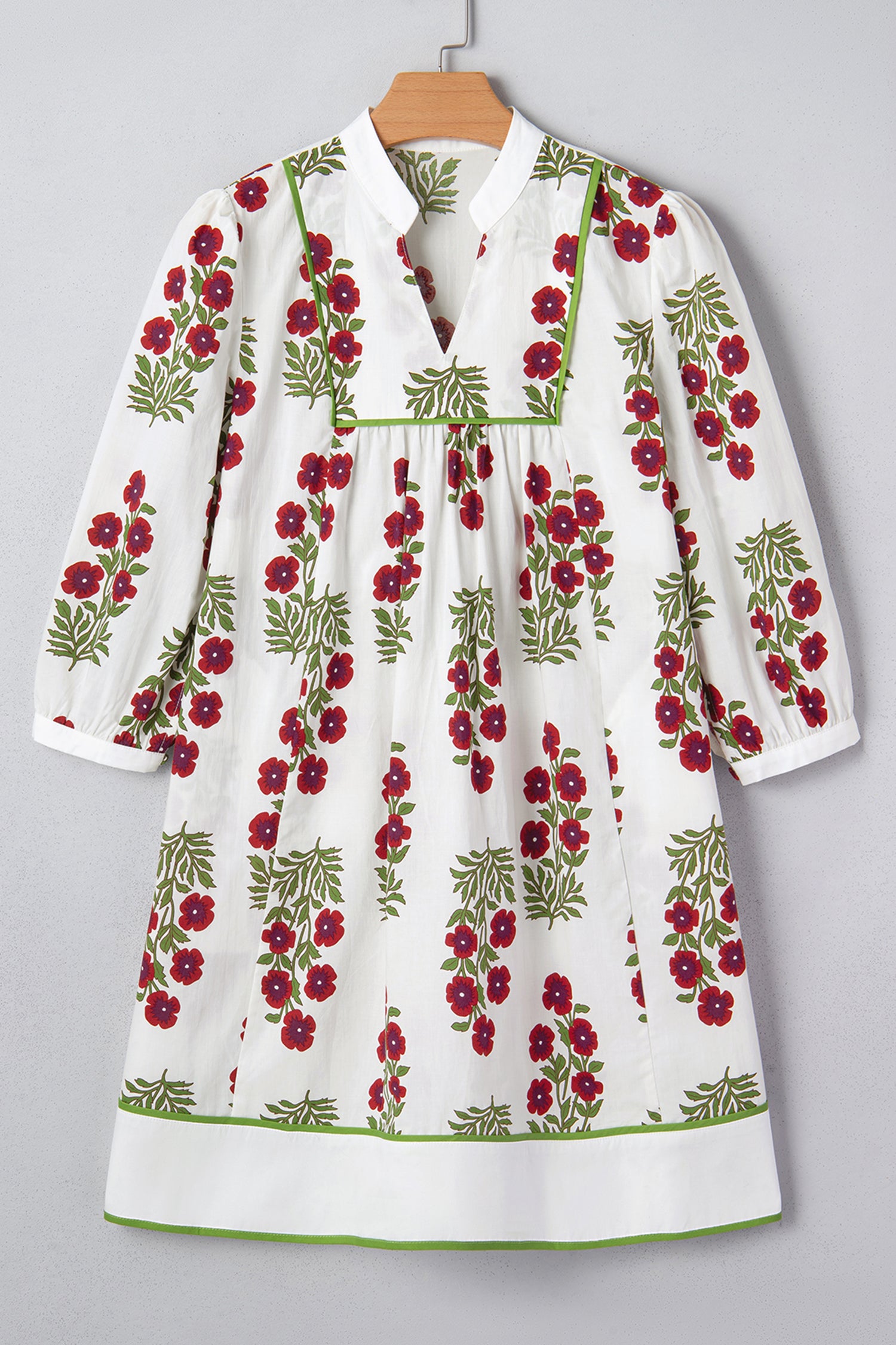 White Frilled V Neck 3/4 Sleeve Loose Floral Dress-TOPS / DRESSES-[Adult]-[Female]-2022 Online Blue Zone Planet