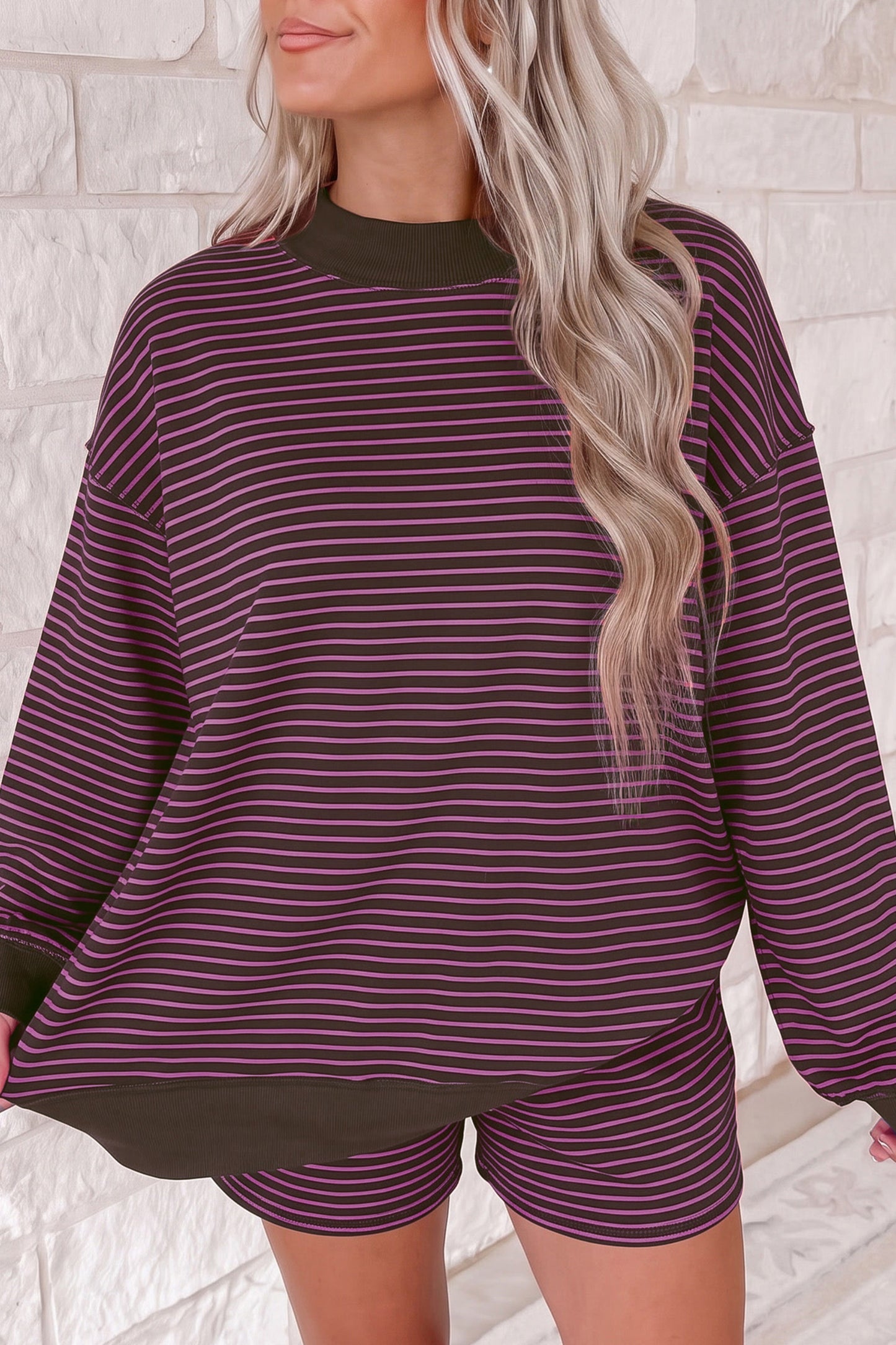Blue Stripe Ribbed Patchwork Mock Neck Baggy Pullover Matching Shorts Set
