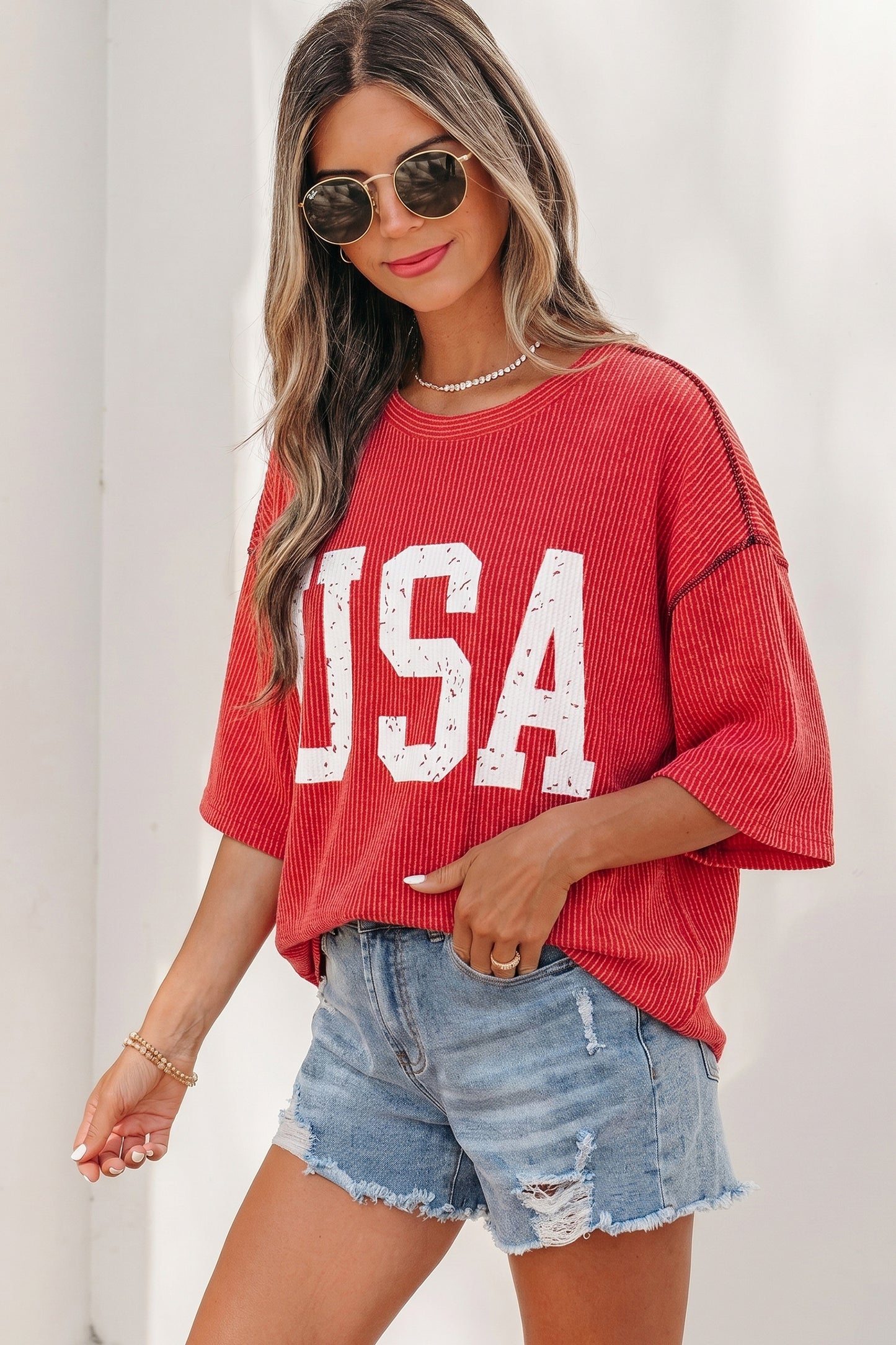 Fiery Red Usa Graphic Half Sleeve Loose Ribbed Top-Tops/Tops & Tees-[Adult]-[Female]-2022 Online Blue Zone Planet
