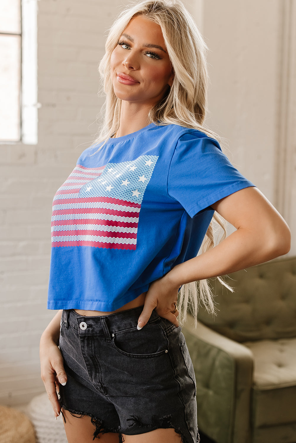 Real Teal American Flag Pattern Crewneck Tee-Graphic/Graphic Tees-[Adult]-[Female]-2022 Online Blue Zone Planet