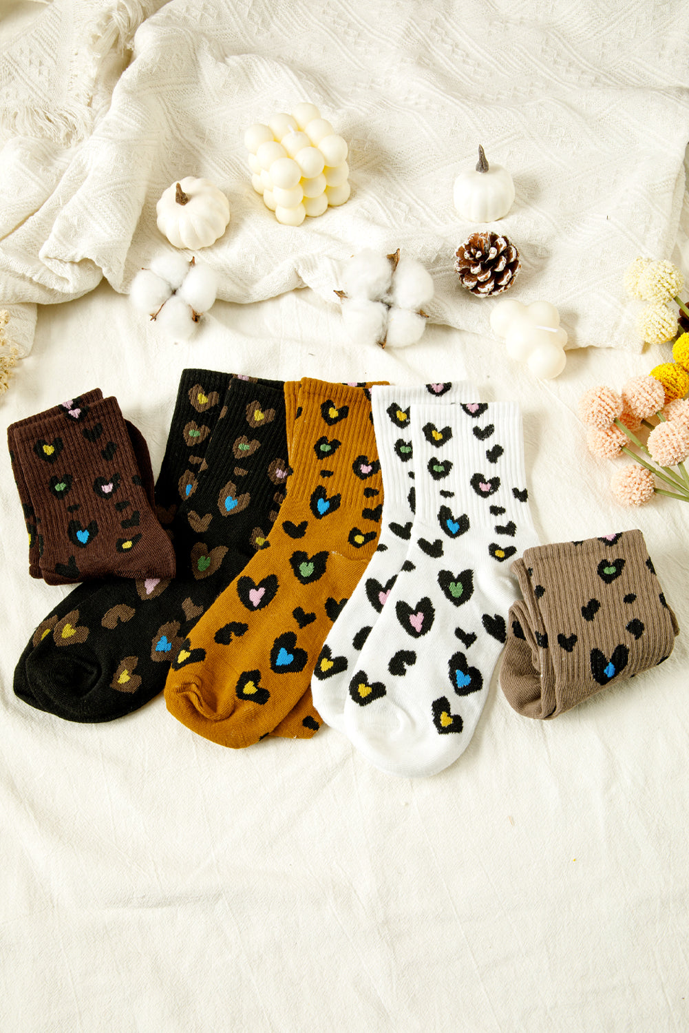 Bristol Black 5 Pairs Ribbed Trim Heart Leopard Print Socks-Socks-[Adult]-[Female]-2022 Online Blue Zone Planet