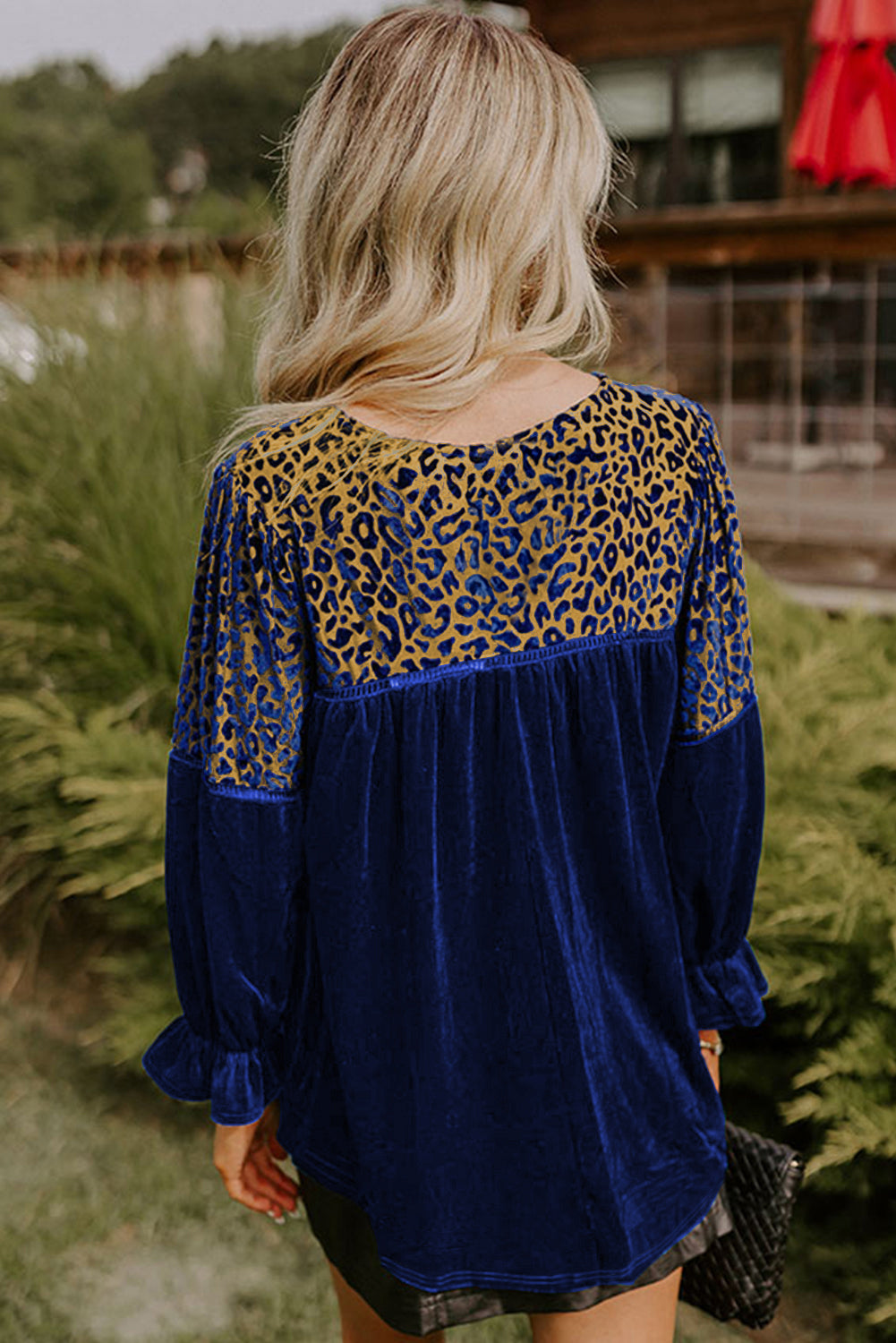 Sky Blue Leopard Patchwork Shoulder Flounce Sleeve Velvet Blouse-Tops/Blouses & Shirts-[Adult]-[Female]-2022 Online Blue Zone Planet