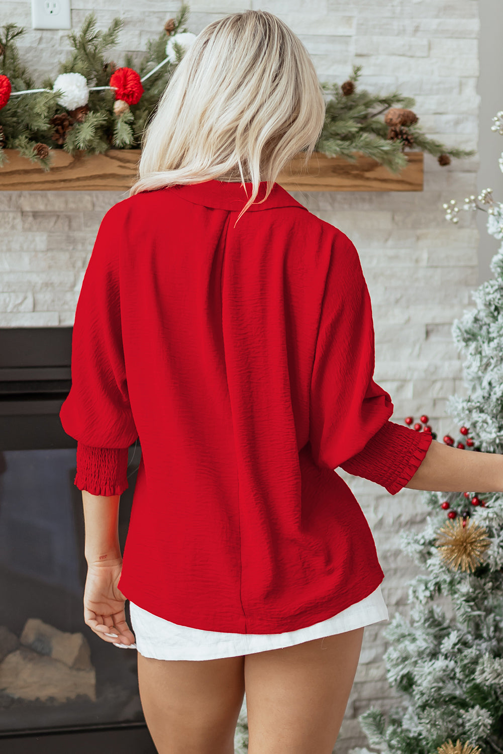 Fiery Red V Neck Collared Shirred 3/4 Sleeve Oversized Tunic Top-Tops/Blouses & Shirts-[Adult]-[Female]-2022 Online Blue Zone Planet