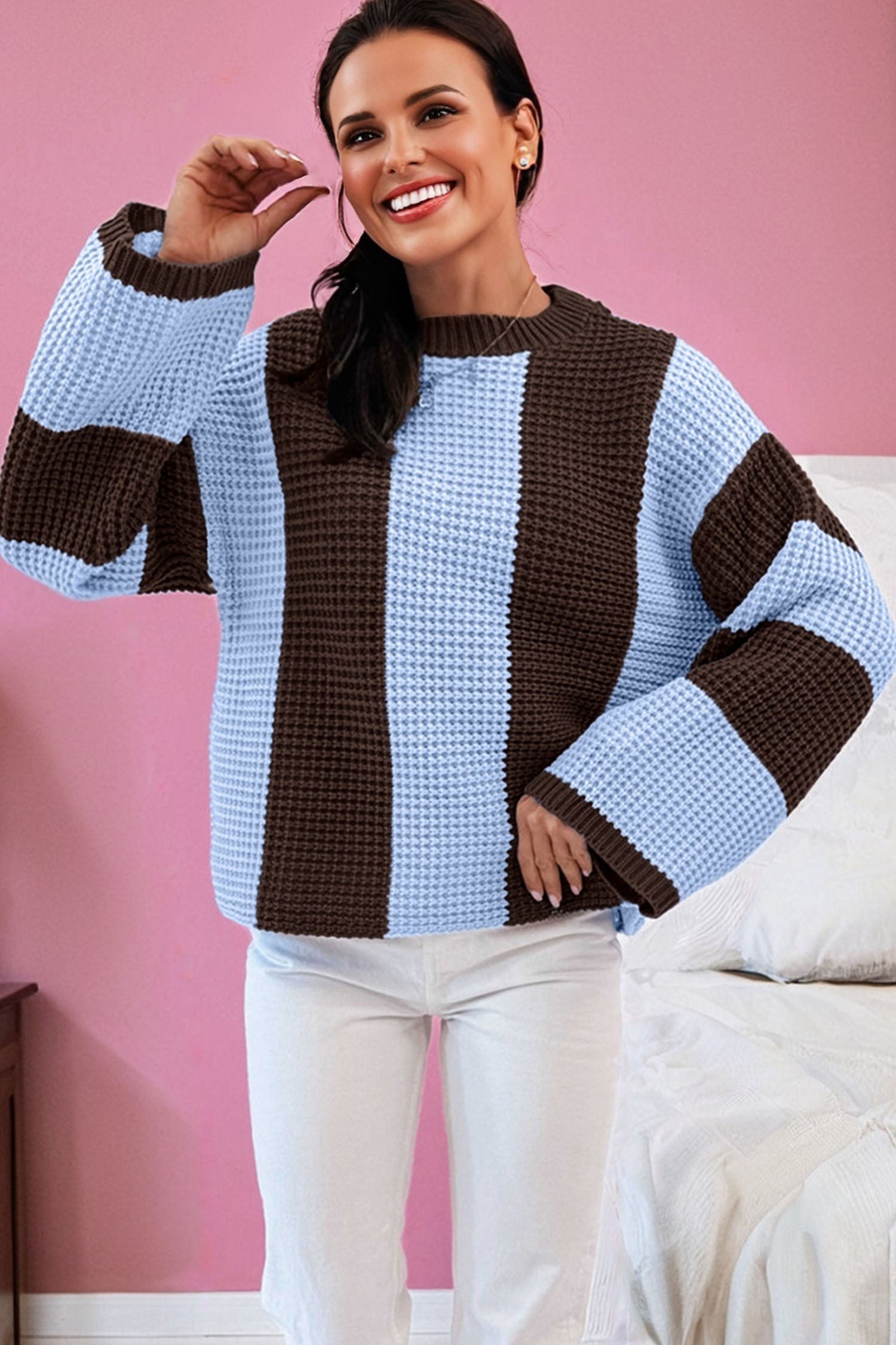 Myosotis Striped Color Block Thermal Textured Knit Drop Shoulder Sweater-TOPS / DRESSES-[Adult]-[Female]-2022 Online Blue Zone Planet