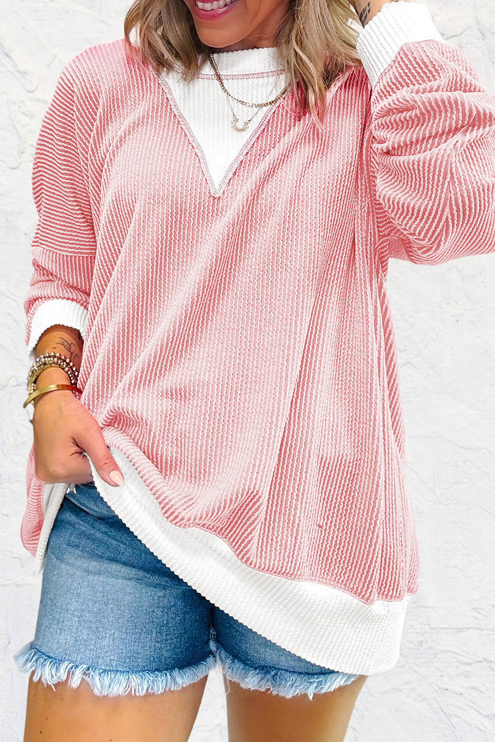 Peach Blossom Corded Colorblock Drop Shoulder Loose Top-Long Sleeve Tops-[Adult]-[Female]-2022 Online Blue Zone Planet