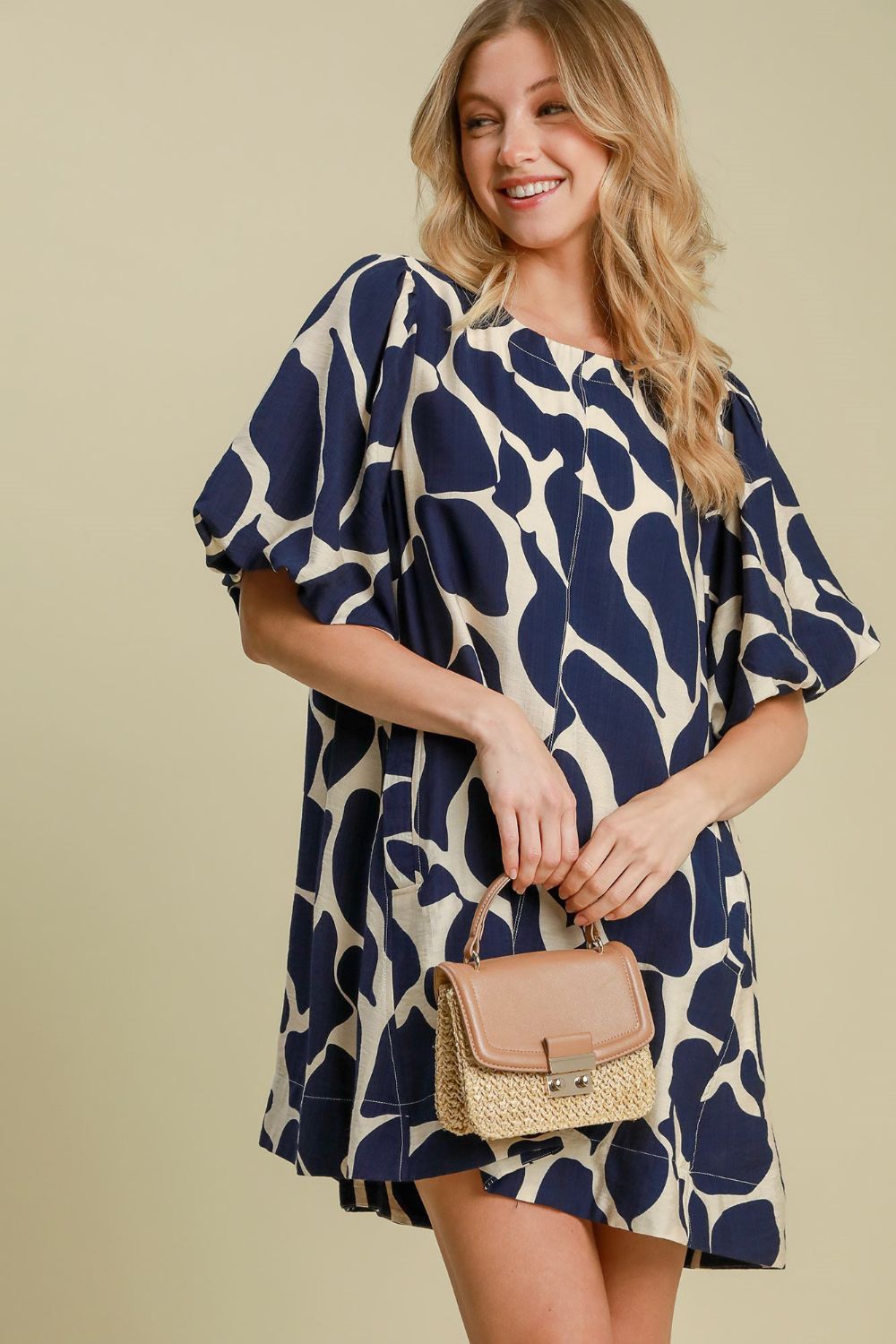 Umgee Two Tone Abstract Print Puff Sleeve Dress-TOPS / DRESSES-[Adult]-[Female]-Navy-S-2022 Online Blue Zone Planet