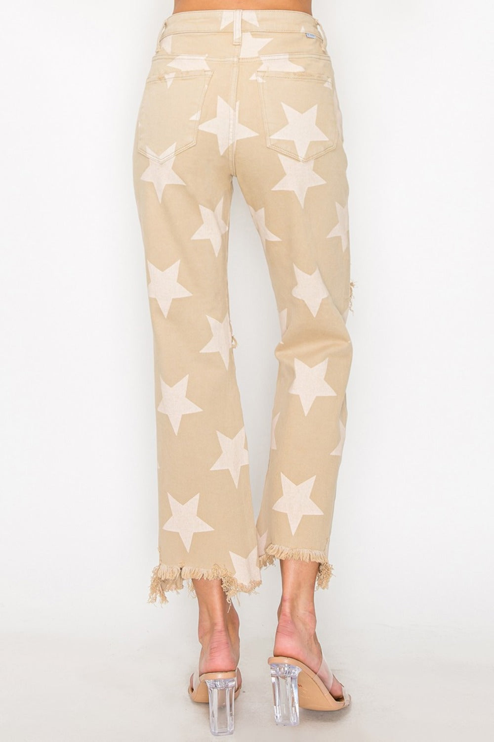 RISEN Full Size High Rise Star Printed Frayed Hem Jeans-BOTTOMS SIZES SMALL MEDIUM LARGE-[Adult]-[Female]-2022 Online Blue Zone Planet