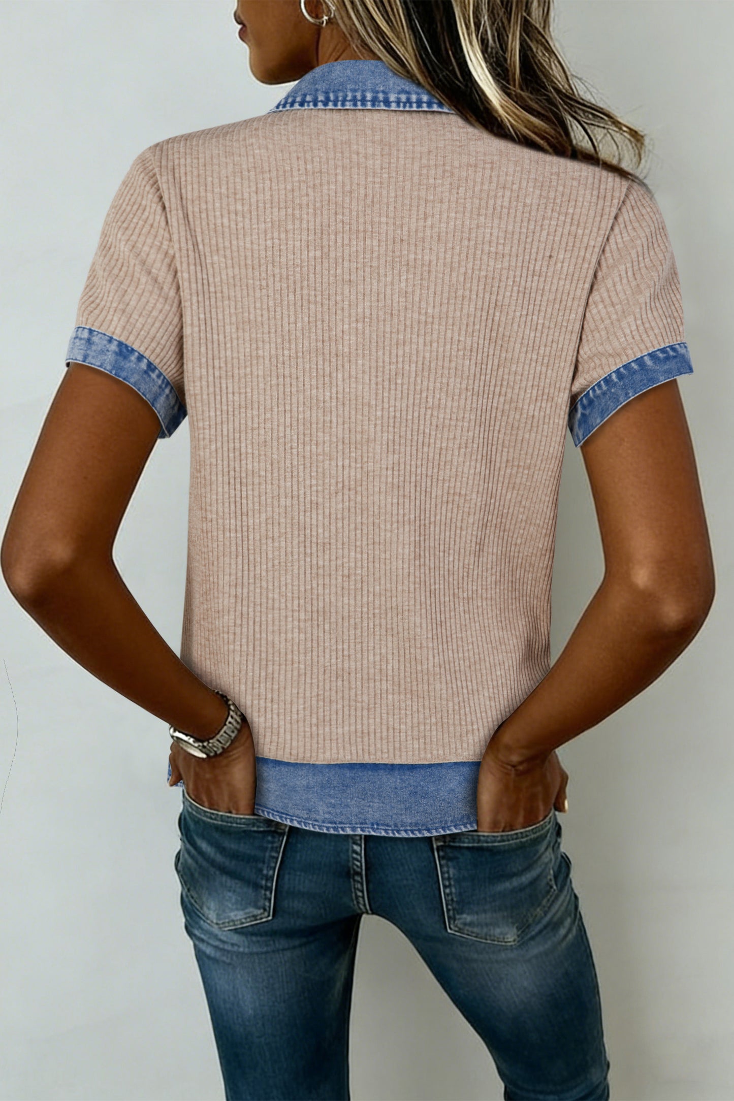 Beige Ribbed Knit Denim Color Block Patchwork Button Detail Collared Blouse-Tops/Blouses & Shirts-[Adult]-[Female]-2022 Online Blue Zone Planet