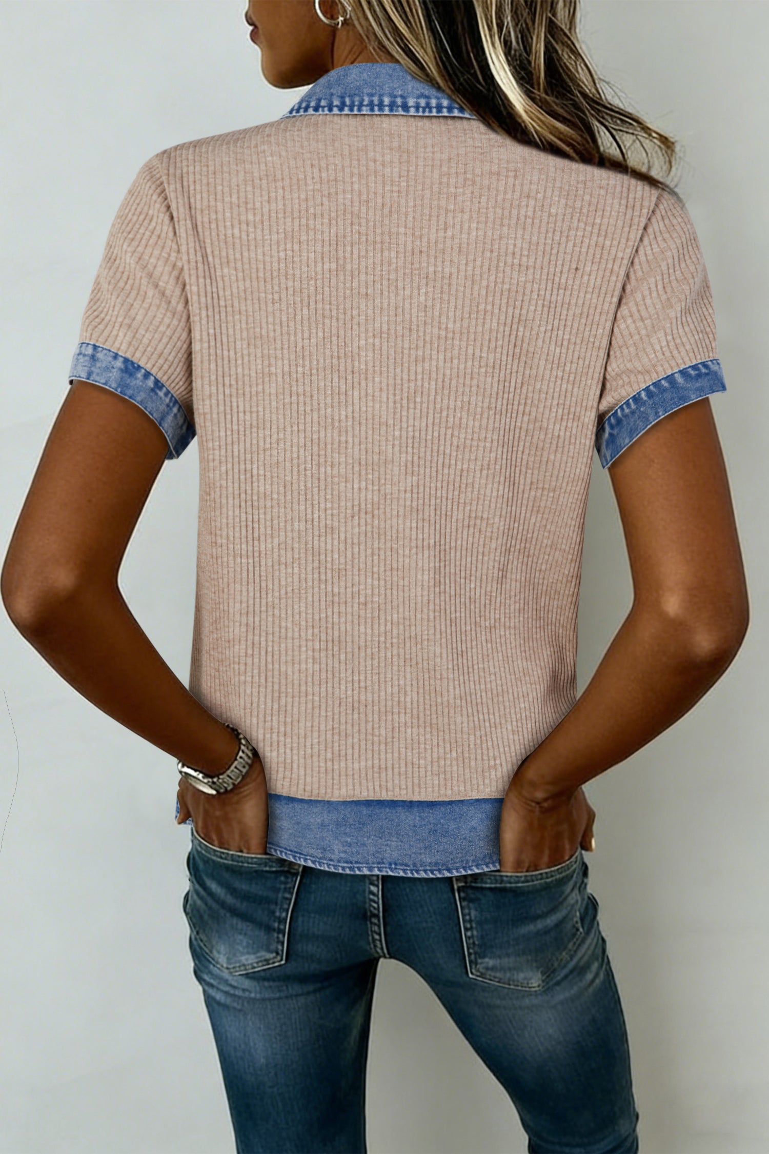 Beige Ribbed Knit Denim Color Block Patchwork Button Detail Collared Blouse-Tops/Blouses & Shirts-[Adult]-[Female]-2022 Online Blue Zone Planet