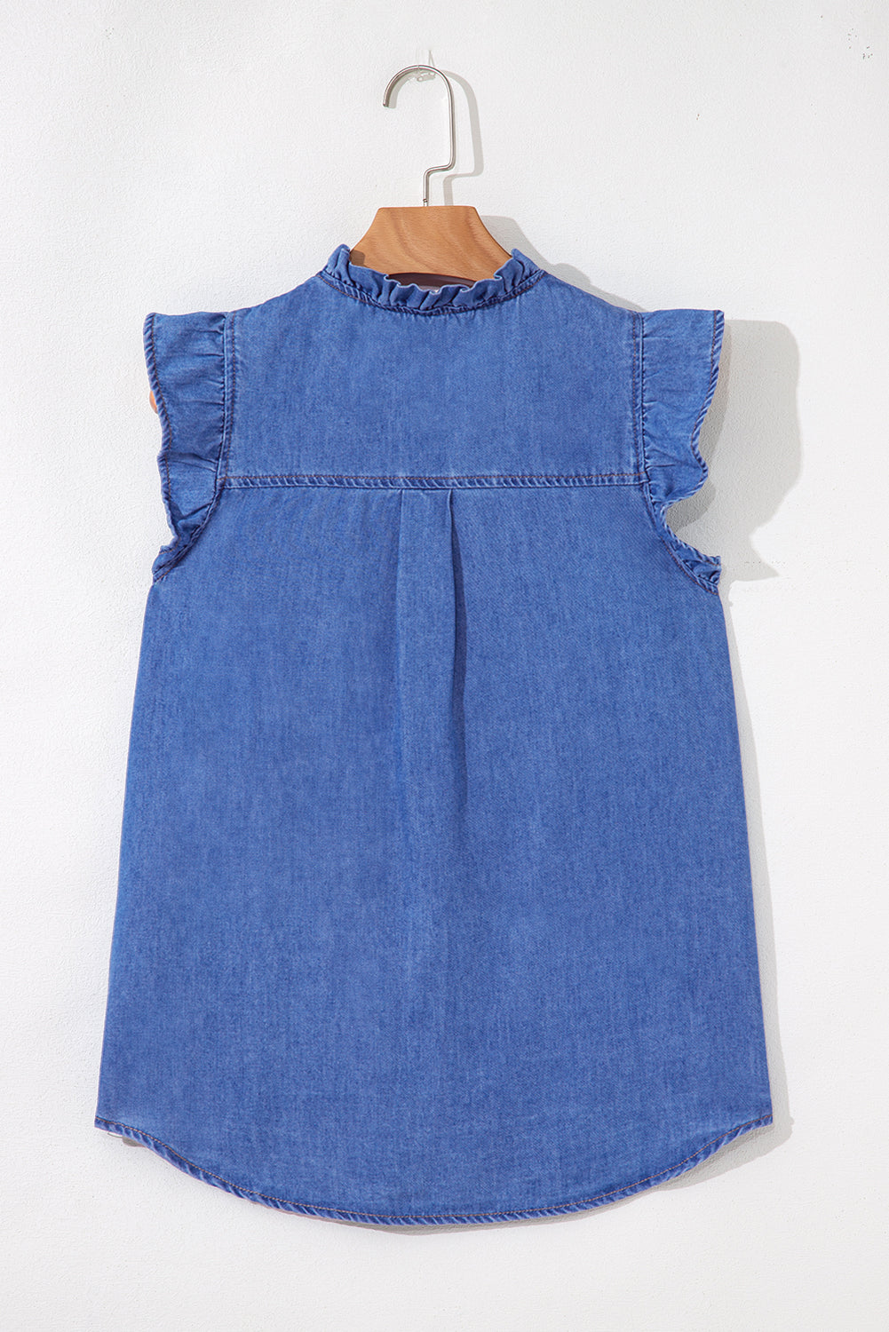 Sky Blue Mineral Wash Cap Sleeve Frilled Button Up Denim Shirt-Tops/Blouses & Shirts-[Adult]-[Female]-2022 Online Blue Zone Planet