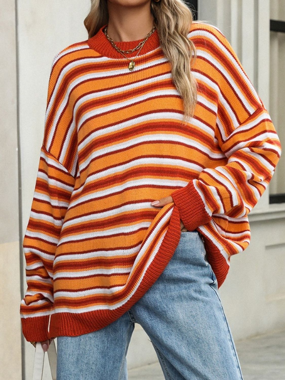 Striped Mock Neck Long Sleeve Sweater-TOPS / DRESSES-[Adult]-[Female]-Orange-S-2022 Online Blue Zone Planet