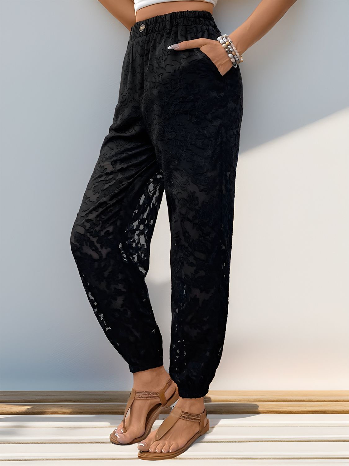 Perfee Pocketed Lace Elastic Waist Pants-BOTTOMS SIZES SMALL MEDIUM LARGE-[Adult]-[Female]-2022 Online Blue Zone Planet