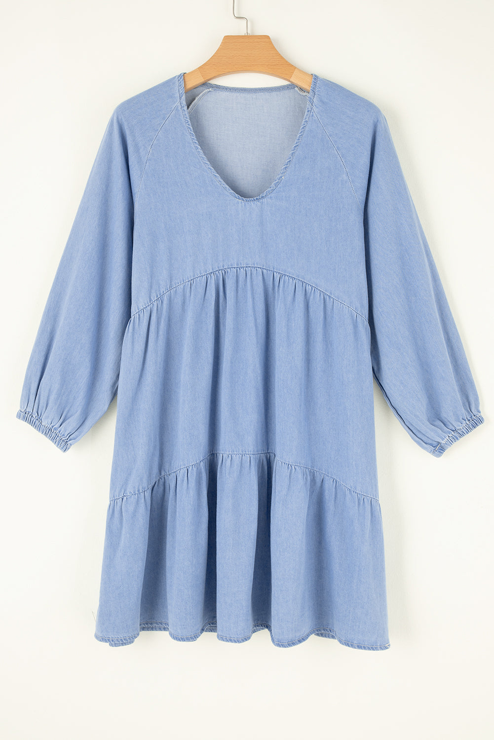 Black Puff Sleeve V Neck Tiered Ruffled Chambray Mini Dress-Dresses/Mini Dresses-[Adult]-[Female]-2022 Online Blue Zone Planet