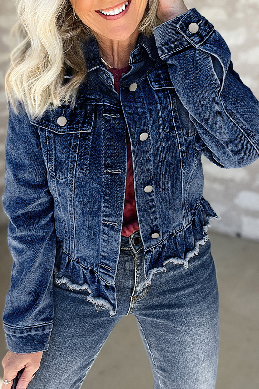 Blue Zone Planet | Navy Blue Ruffle Raw Hem Flap Pockets Denim Jacket-Outerwear/Denim jackets-[Adult]-[Female]-Navy Blue-S-2022 Online Blue Zone Planet